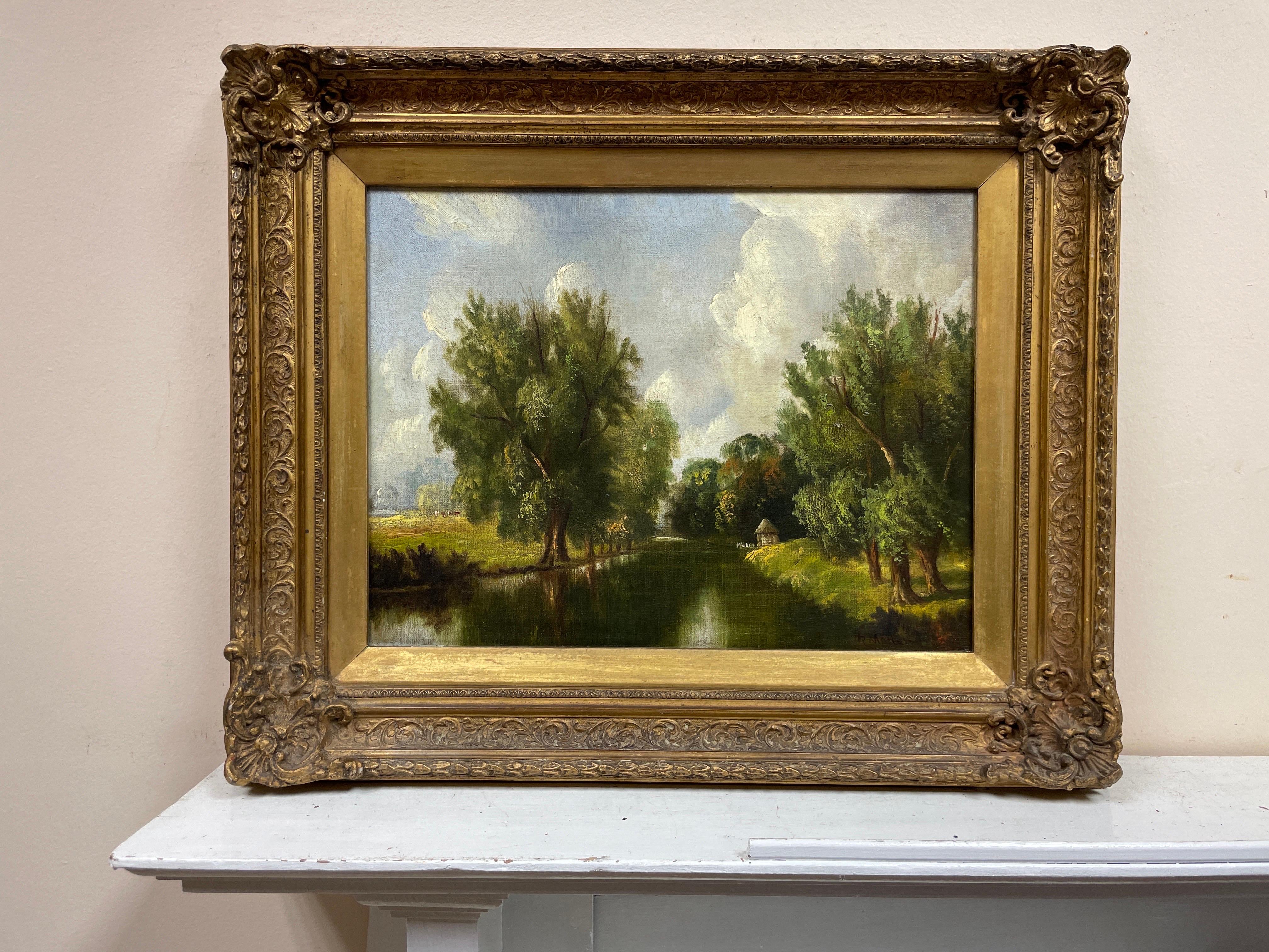 Fine huile ancienne de l'Angleterre orientale signée, paysage de rivière, Avenue of Trees, encadrée - Painting de Suffolk School