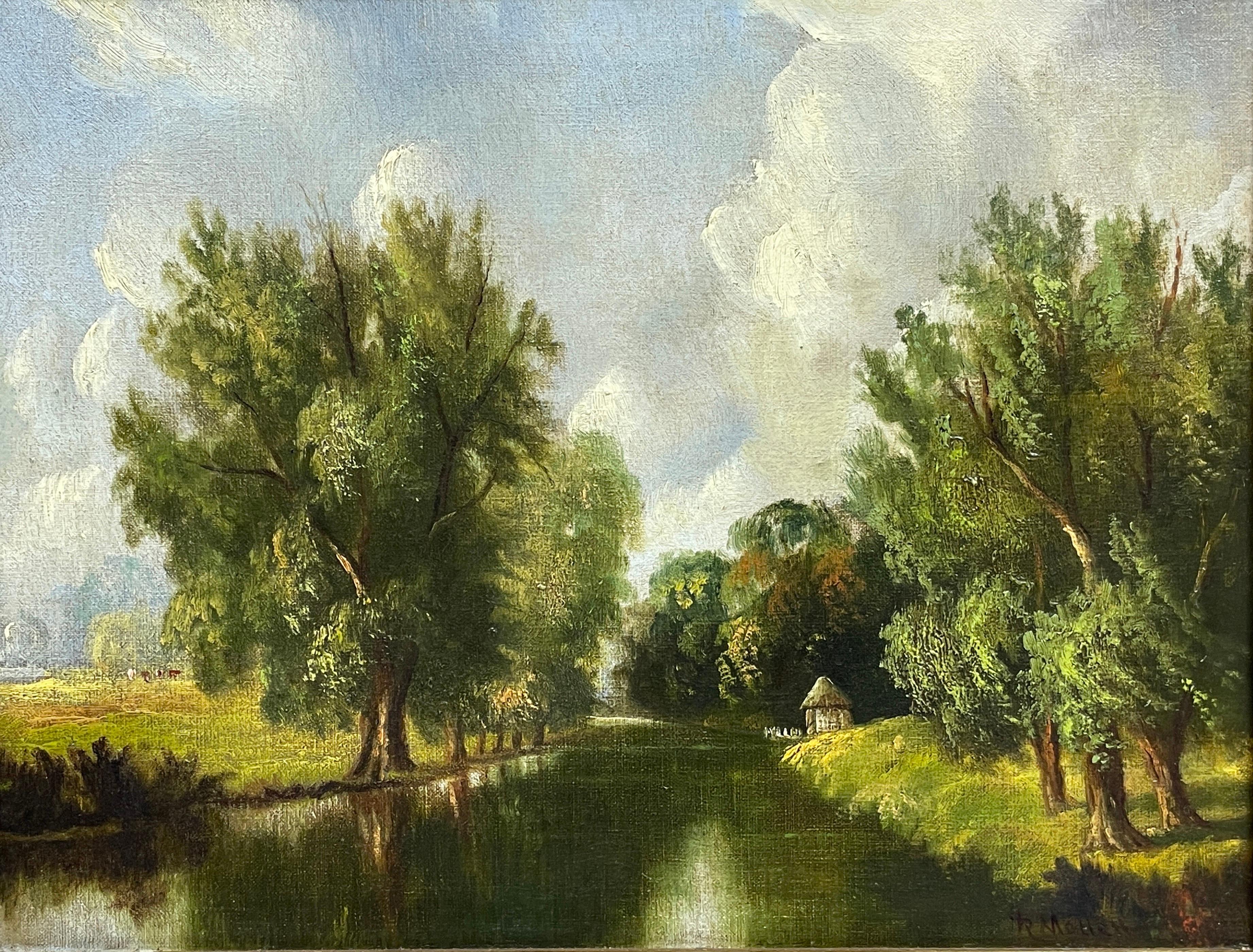 Fine huile ancienne de l'Angleterre orientale signée, paysage de rivière, Avenue of Trees, encadrée - Impressionnisme Painting par Suffolk School