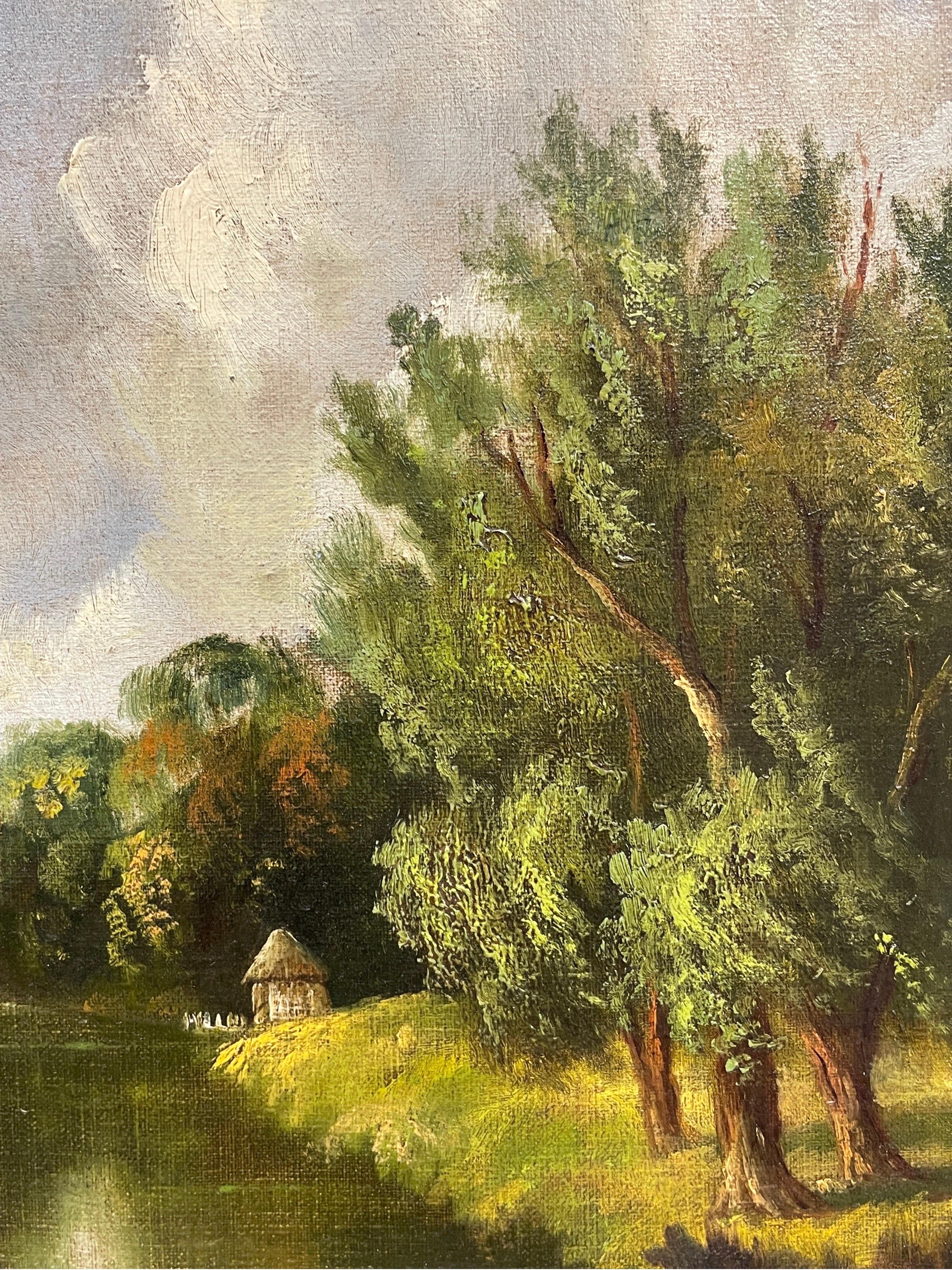 Fine huile ancienne de l'Angleterre orientale signée, paysage de rivière, Avenue of Trees, encadrée 2