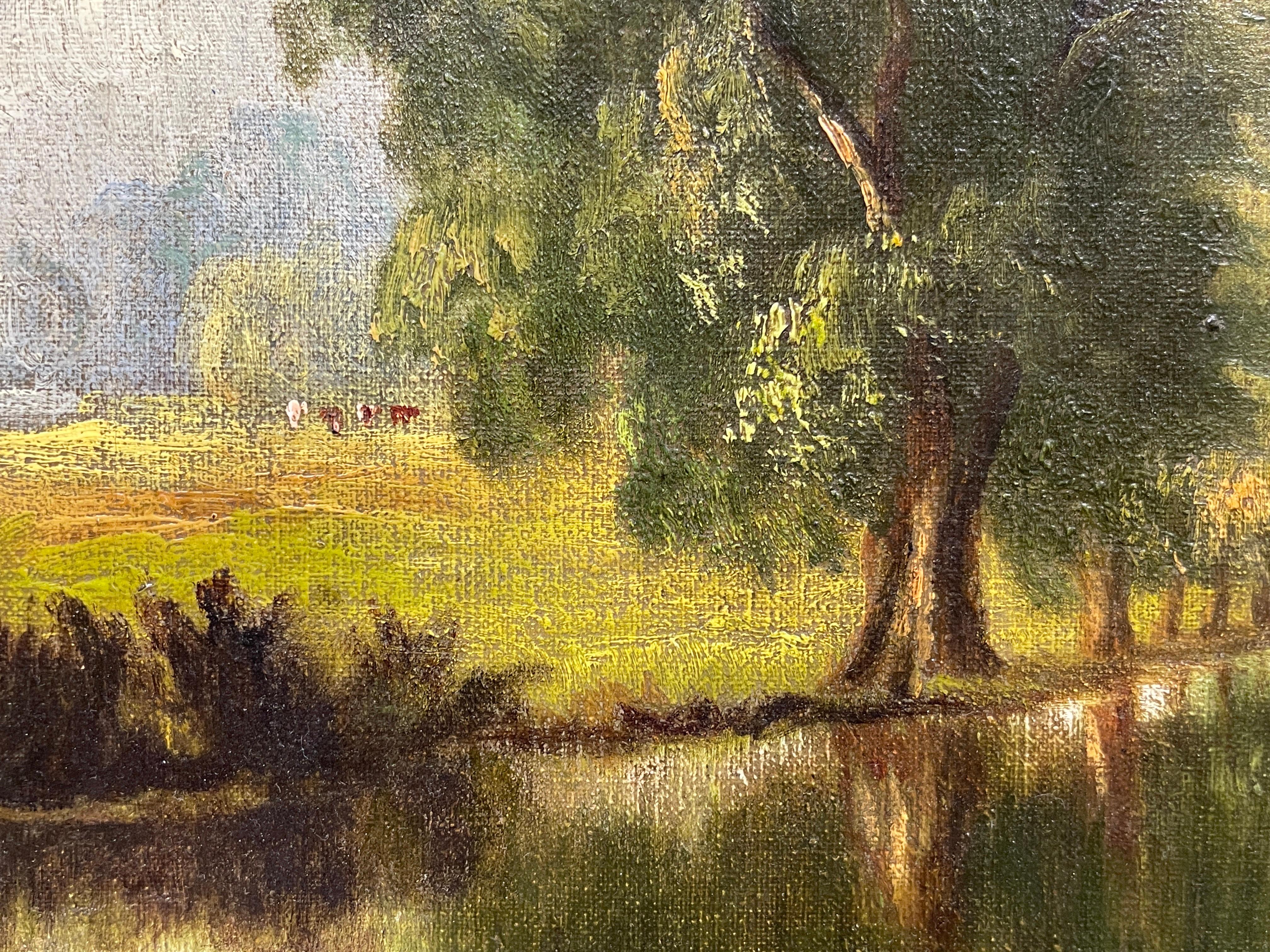 Fine huile ancienne de l'Angleterre orientale signée, paysage de rivière, Avenue of Trees, encadrée 4