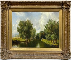 Fine Antique East Anglian Signed Oil River Landscape Avenue of Trees, Framed