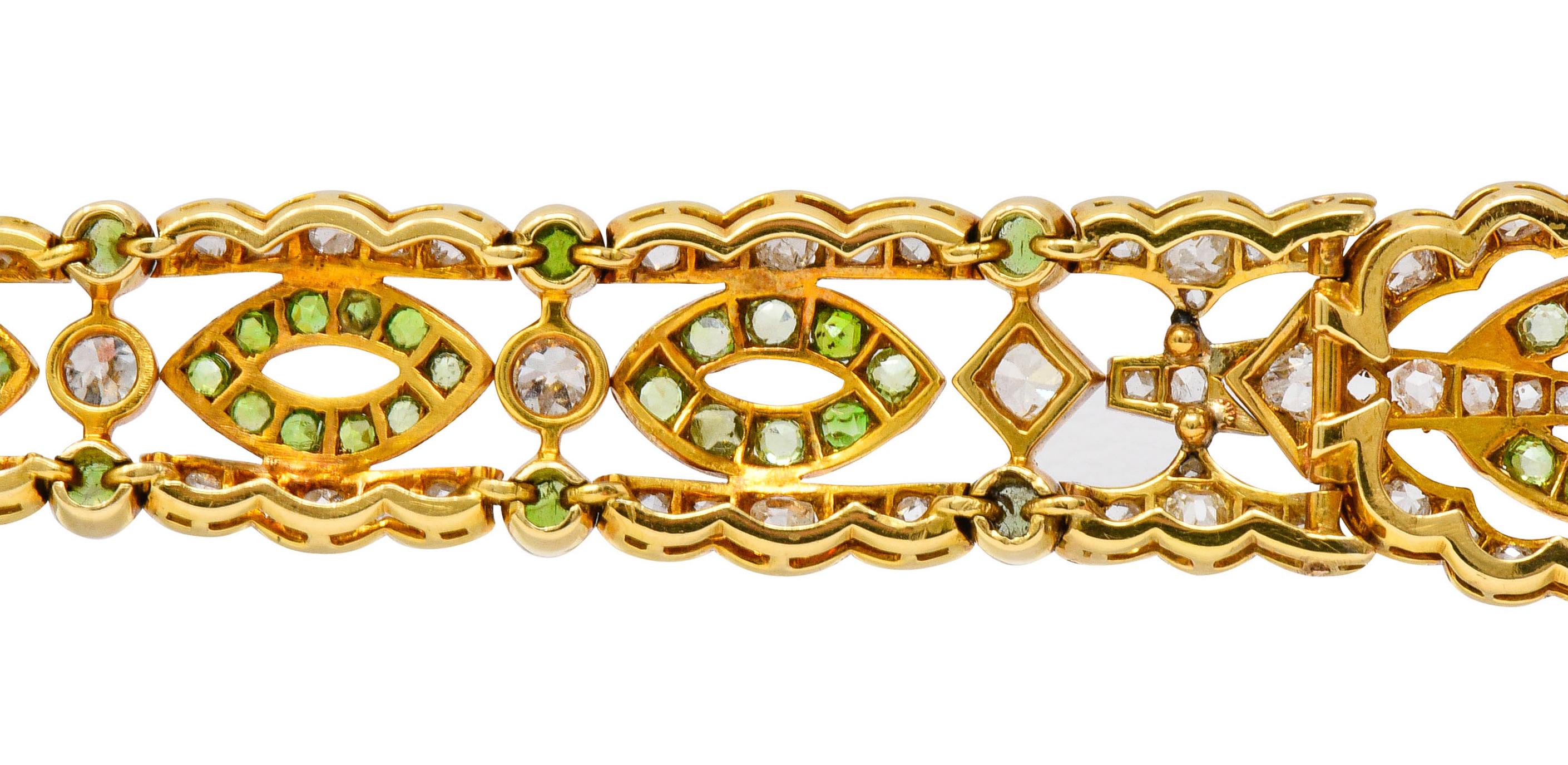 Suffragette Amethyst Demantoid Garnet Diamond 18 Karat Gold Decorous Bracelet 3