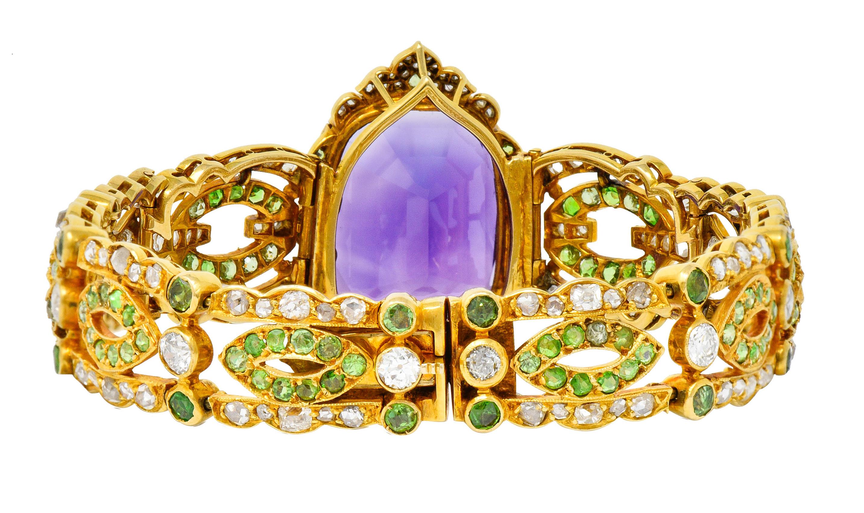 Victorian Suffragette Amethyst Demantoid Garnet Diamond 18 Karat Gold Decorous Bracelet