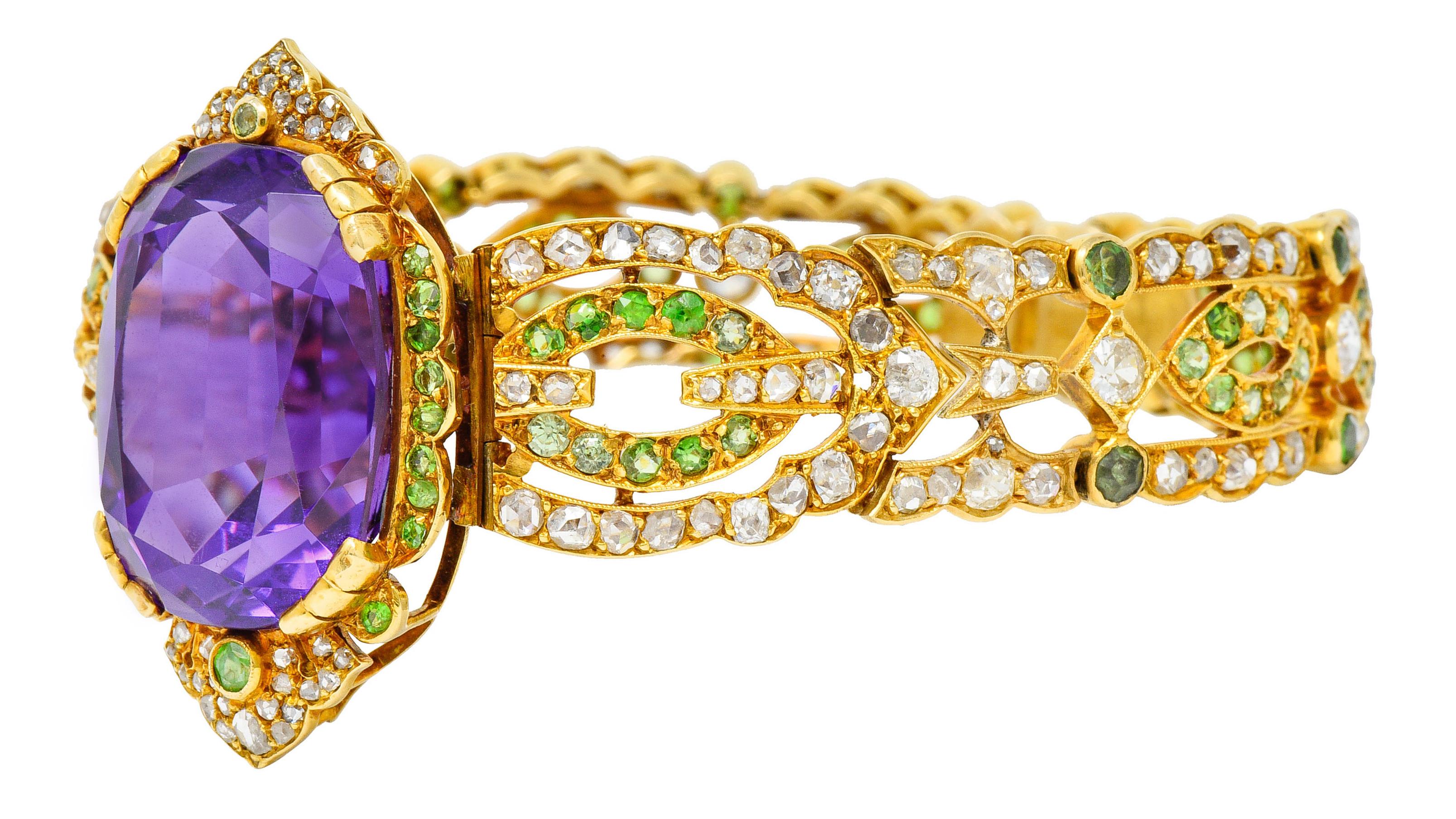 Suffragette Amethyst Demantoid Garnet Diamond 18 Karat Gold Decorous Bracelet In Excellent Condition In Philadelphia, PA