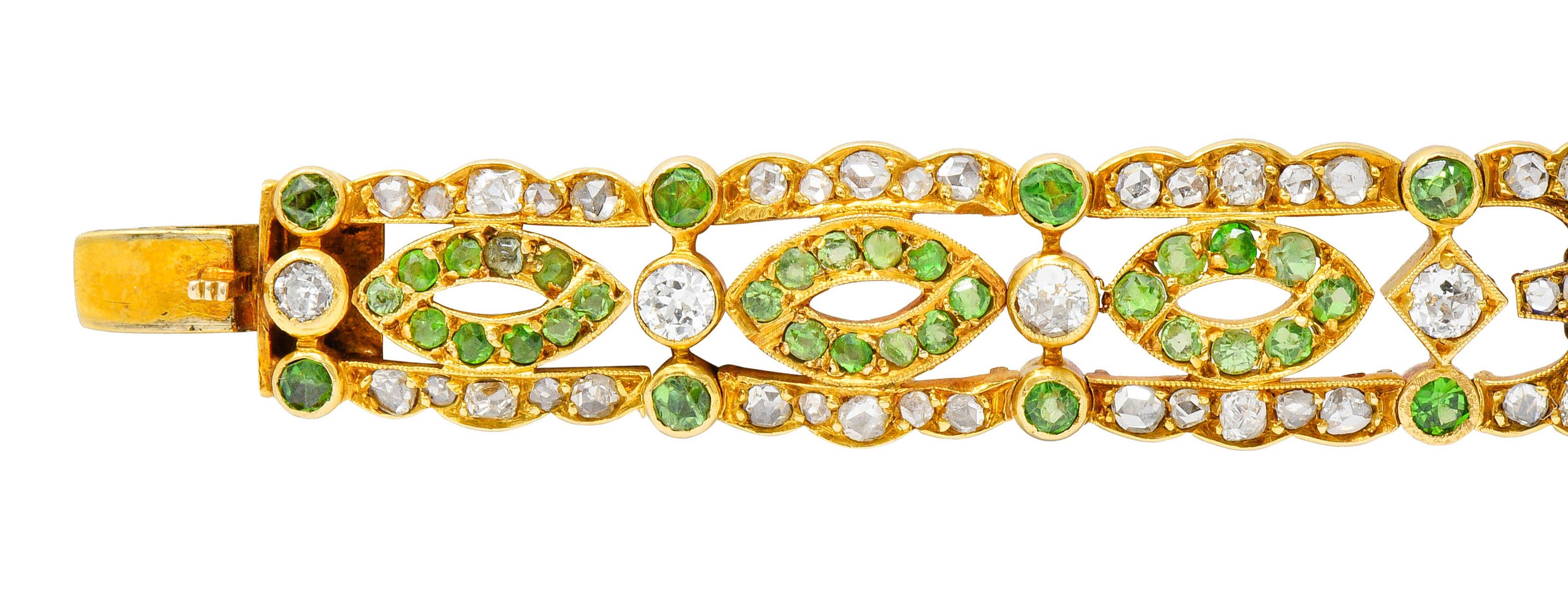 Women's or Men's Suffragette Amethyst Demantoid Garnet Diamond 18 Karat Gold Decorous Bracelet