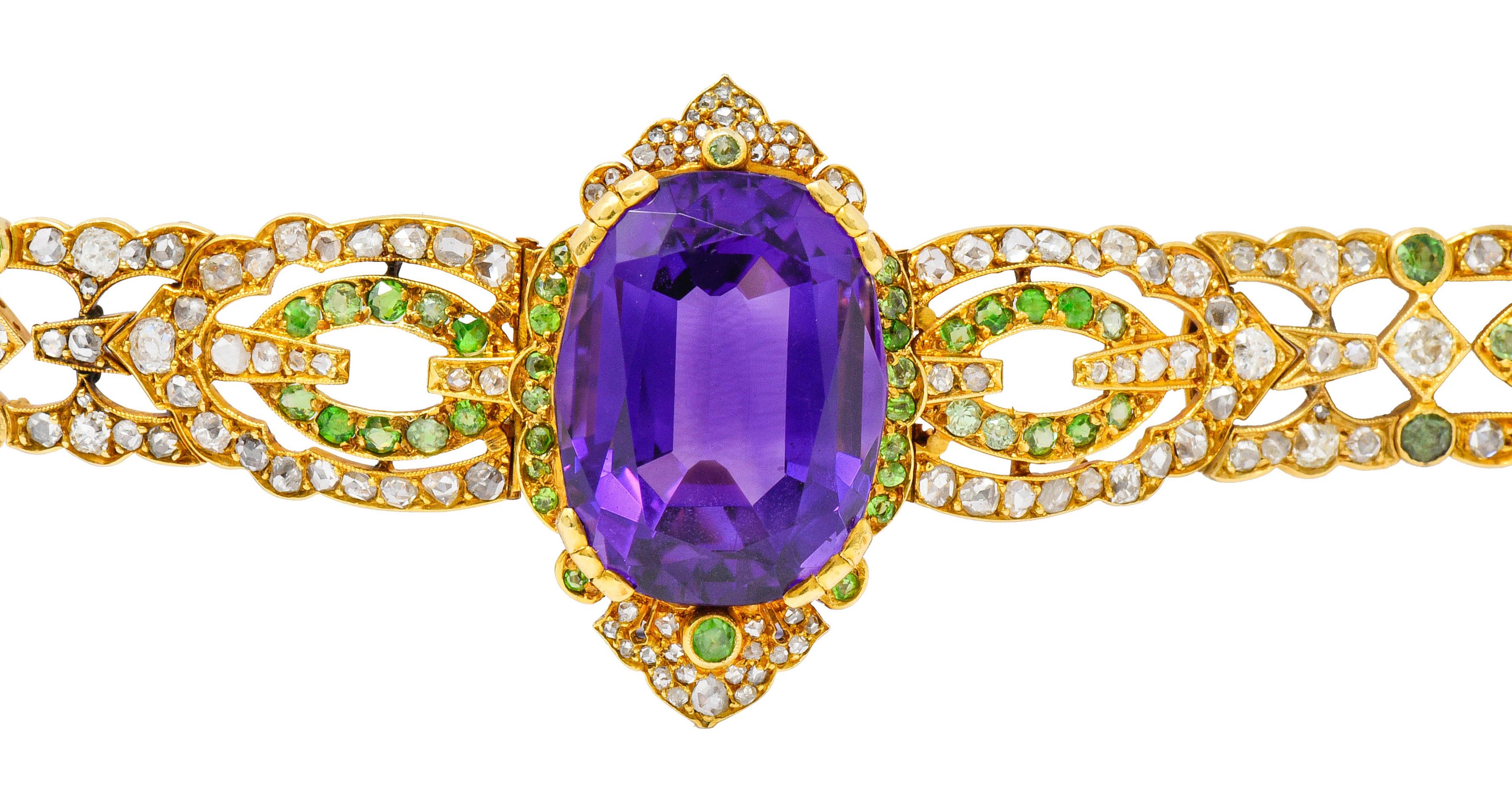 Suffragette Amethyst Demantoid Garnet Diamond 18 Karat Gold Decorous Bracelet 1