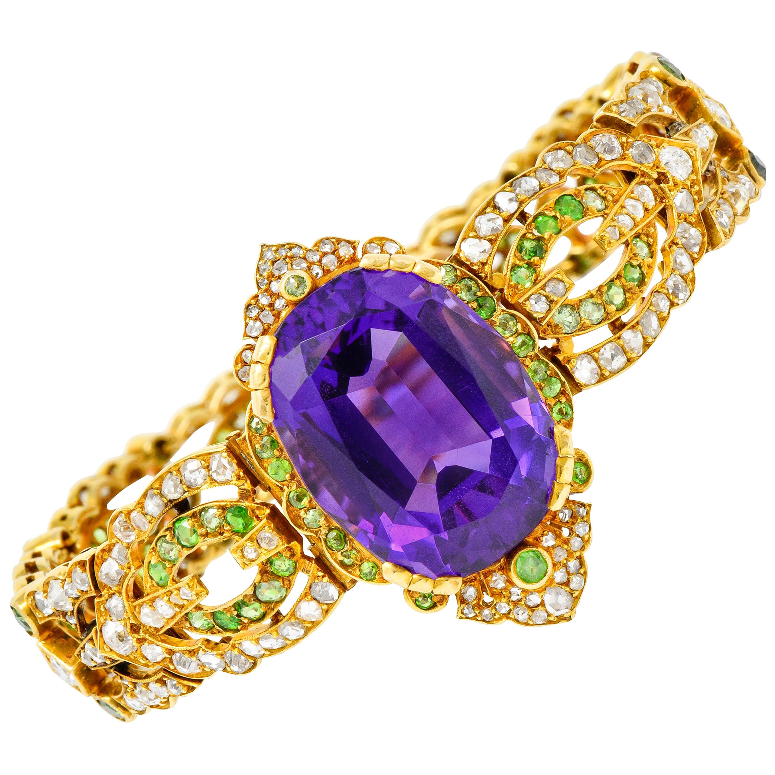 Suffragette Amethyst Demantoid Garnet Diamond 18 Karat Gold Decorous Bracelet