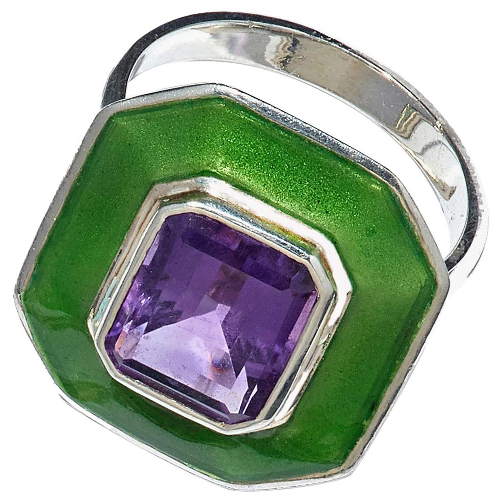 Suffragette Amethyst Octagonal Aurora Ring 18 Karat Gold Green Dew Enamel For Sale