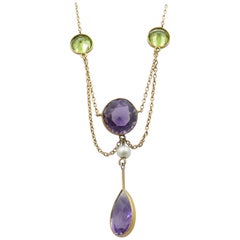 Suffragette Edwardian Yellow Gold Amethyst, Peridot and Pearl Festoon Necklace