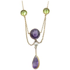 Antique Suffragette Edwardian Yellow Gold Amethyst, Peridot and Pearl Festoon Necklace