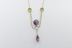 Suffragette Edwardian Yellow Gold Amethyst, Peridot and Pearl Festoon Necklace