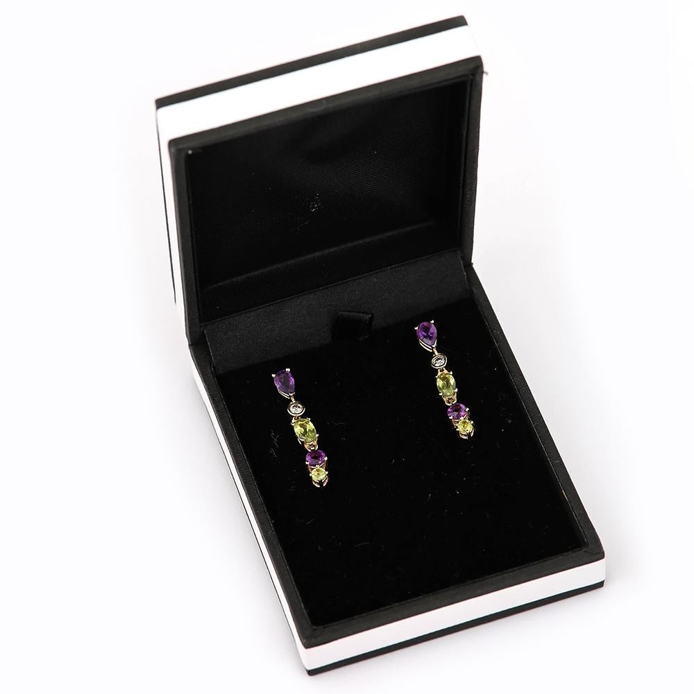 Suffragette Style Peridot, Diamond and Amethyst Drop Earrings 3