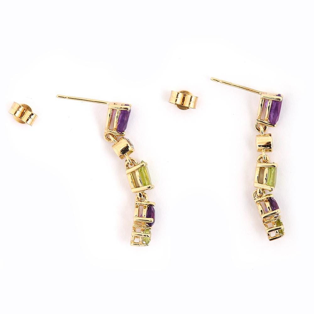 Suffragette Style Peridot, Diamond and Amethyst Drop Earrings In New Condition In Lancashire, Oldham