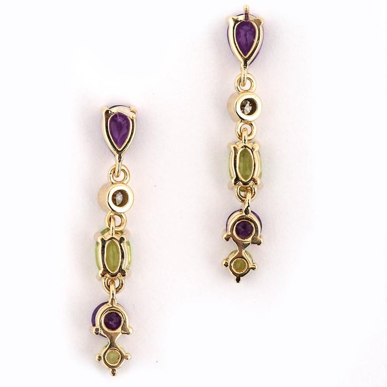 Suffragette Style Peridot, Diamond and Amethyst Drop Earrings 2