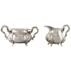 Antique Sugar Bowl and Creamer in Silver on Feet, Rococo Style, 1920s-1930s