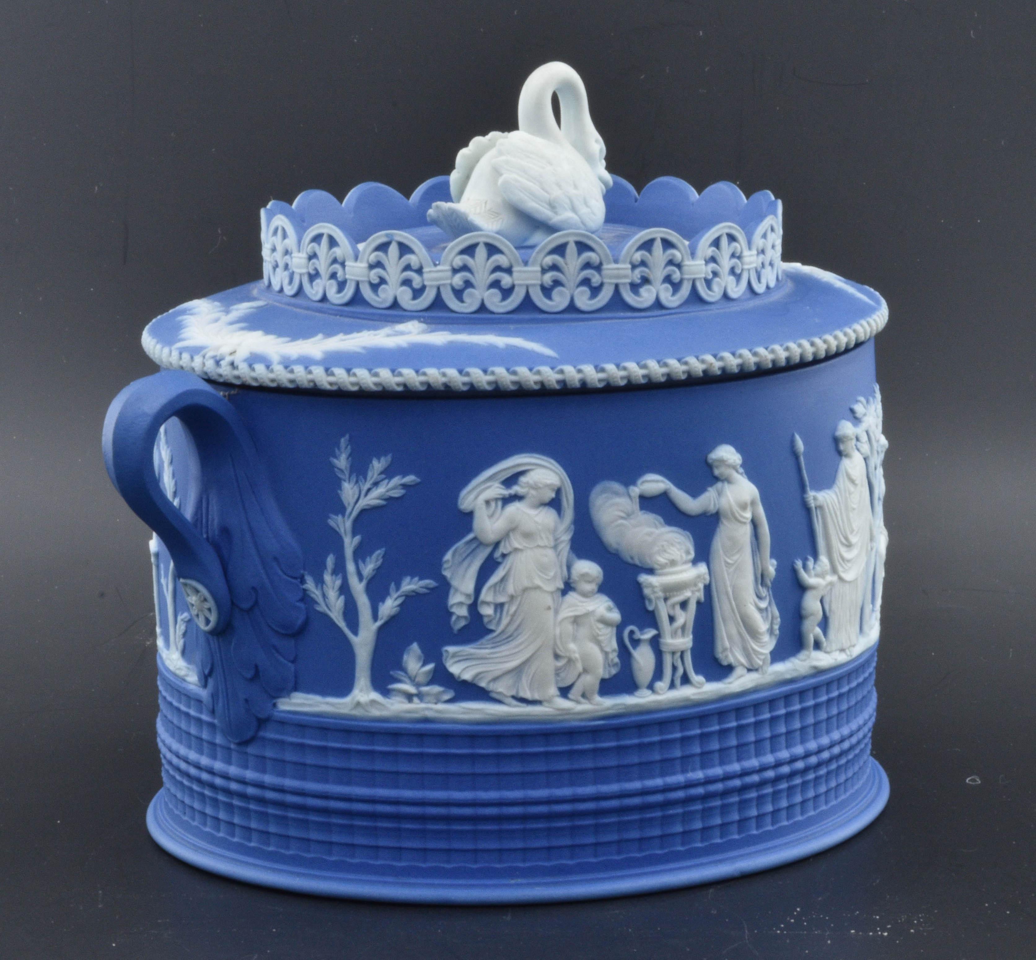 Pottery Sugar Box in Cobalt Jasperware, Adams, circa 1800 For Sale