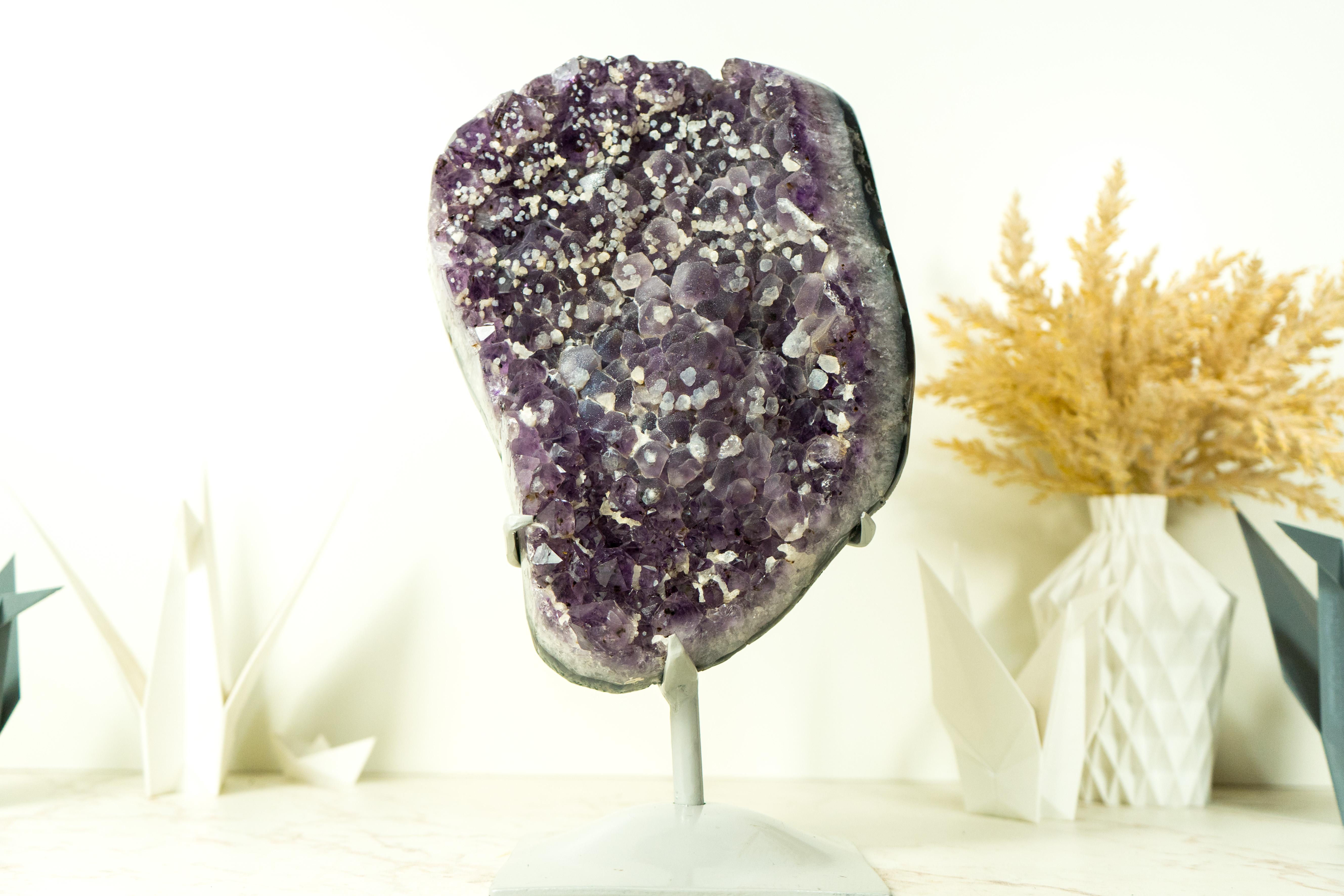 Brazilian Sugar Coated Galaxy Amethyst Cluster with Deep Purple Amethyst Druzy and Calcite For Sale