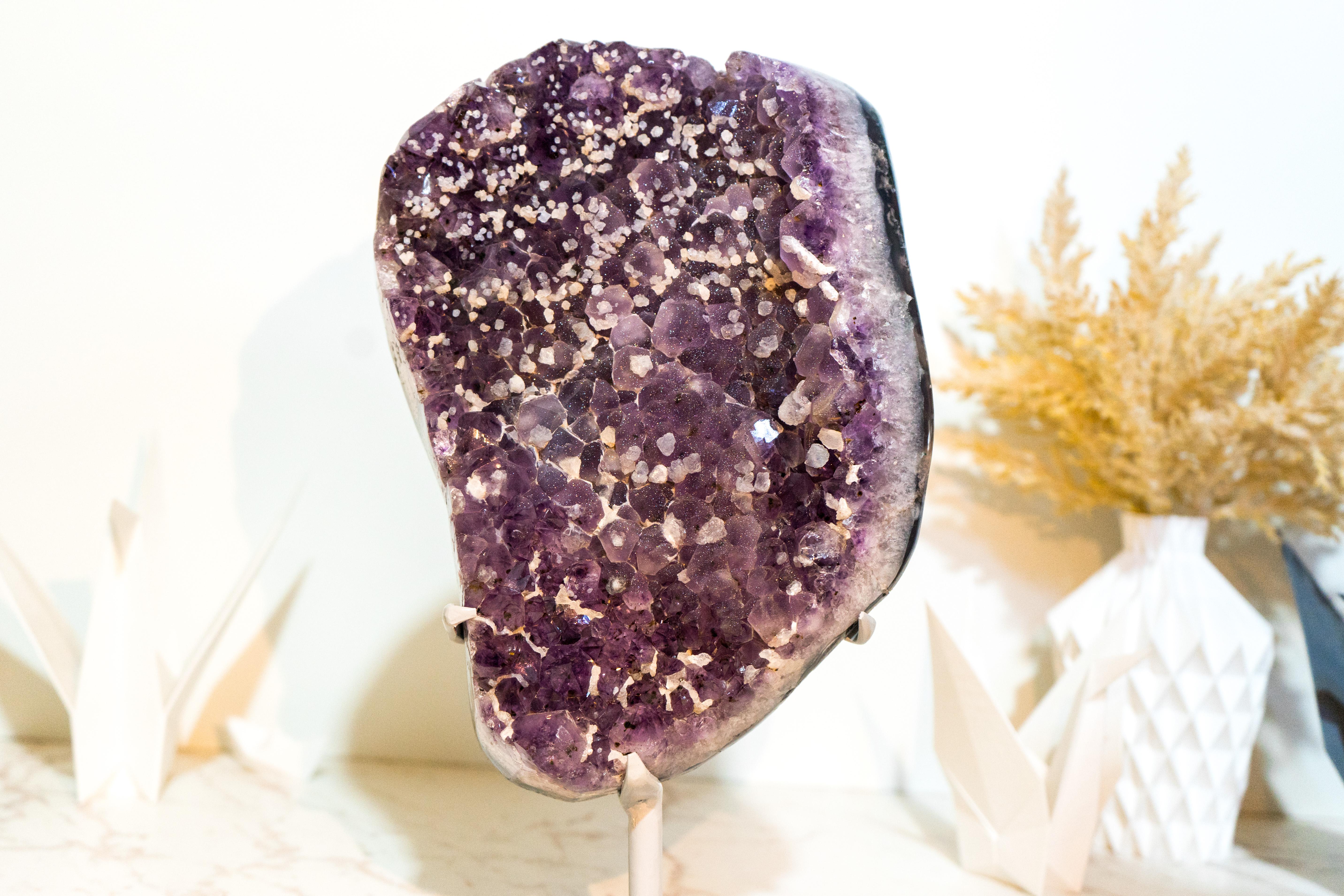 Contemporary Sugar Coated Galaxy Amethyst Cluster with Deep Purple Amethyst Druzy and Calcite For Sale