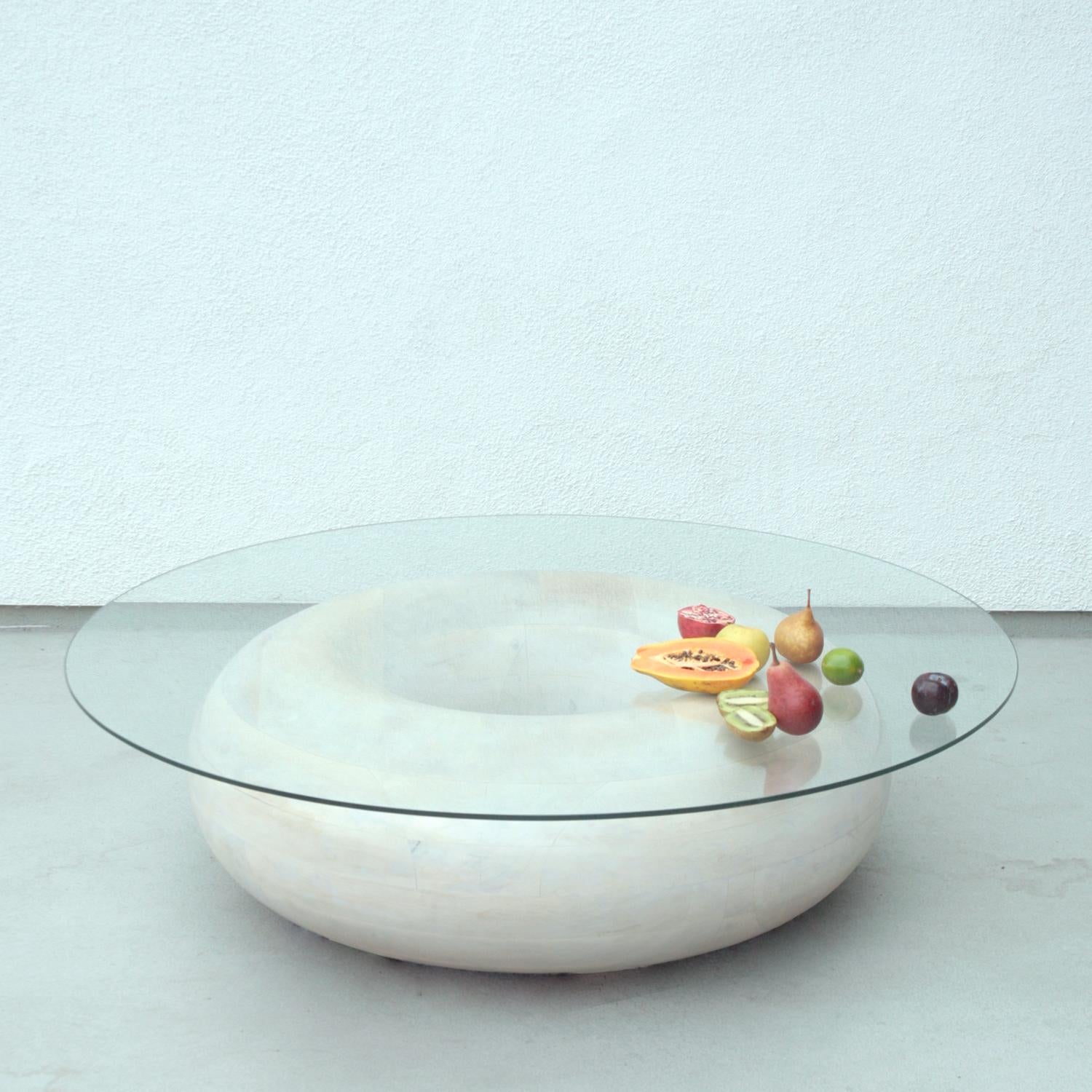 Sugar donut coffee table by Soft-geometry
Materials: Solid mango wood coffee table, sugar glaze, glass top
Dimensions: 48 x 48 x 12” H

The donut table was born from the challenge of using vast quantities of factory waste end boards - cut offs from