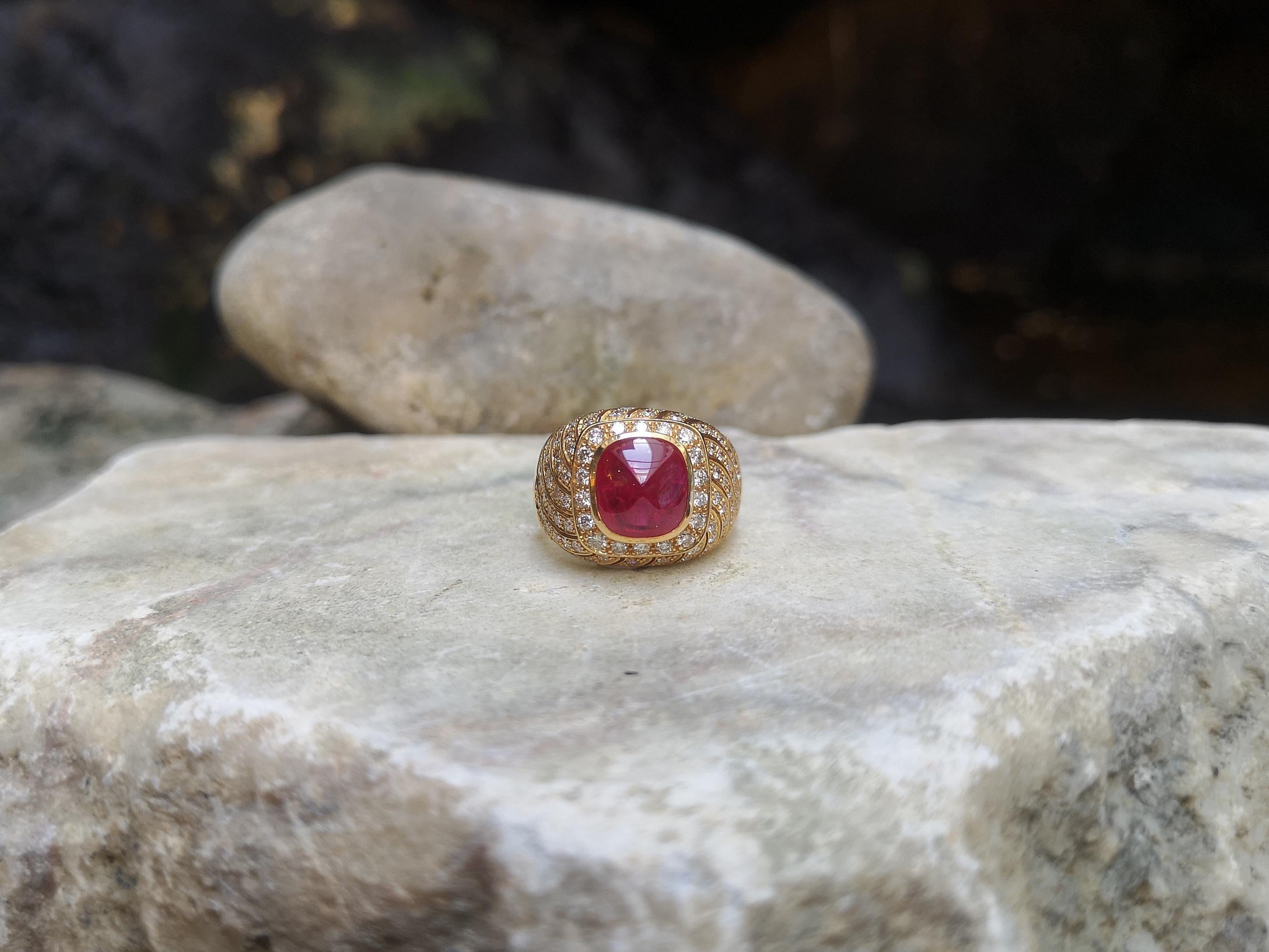 Sugarloaf Cabochon Sugar Loaf Cut Ruby with Brown Diamond Ring Set in 18 Karat Gold Settings For Sale