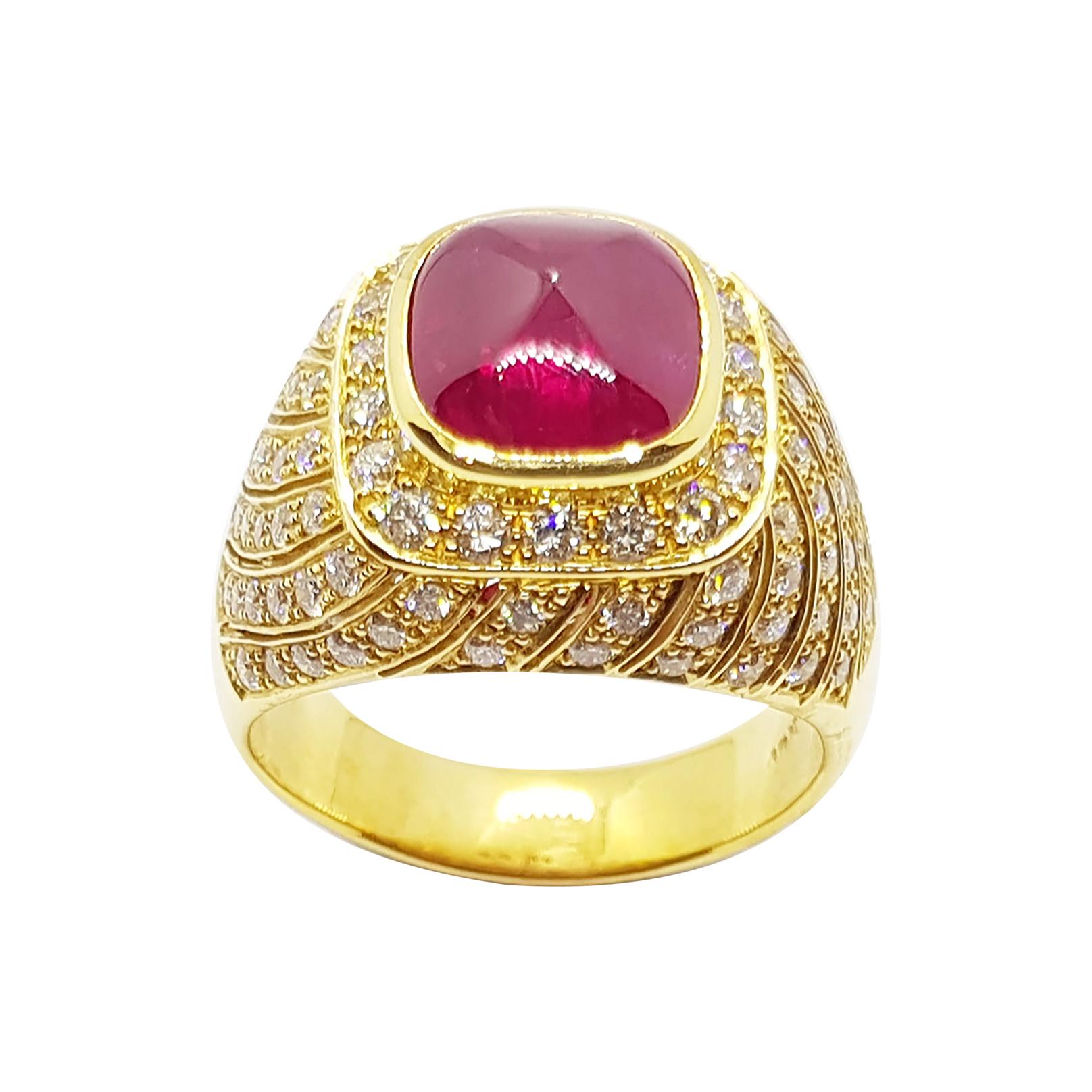 Sugar Loaf Cut Ruby with Brown Diamond Ring Set in 18 Karat Gold Settings For Sale