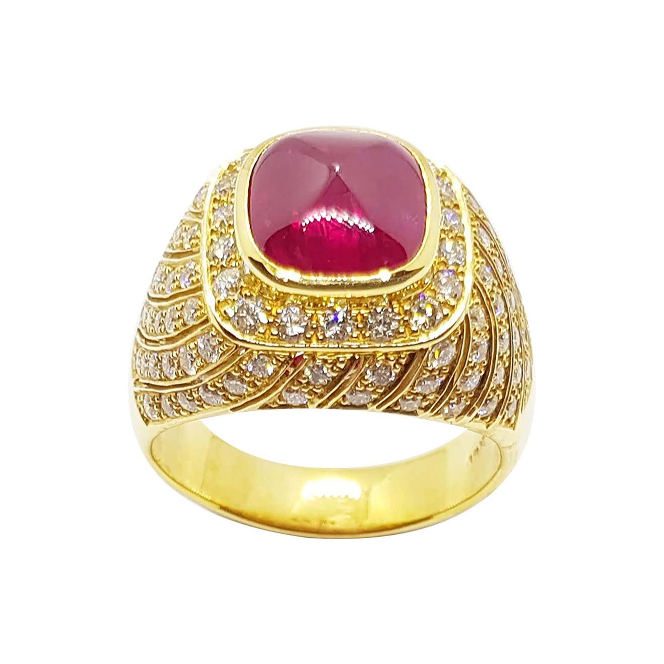 Sugar Loaf Cut Ruby with Brown Diamond Ring Set in 18 Karat Gold ...