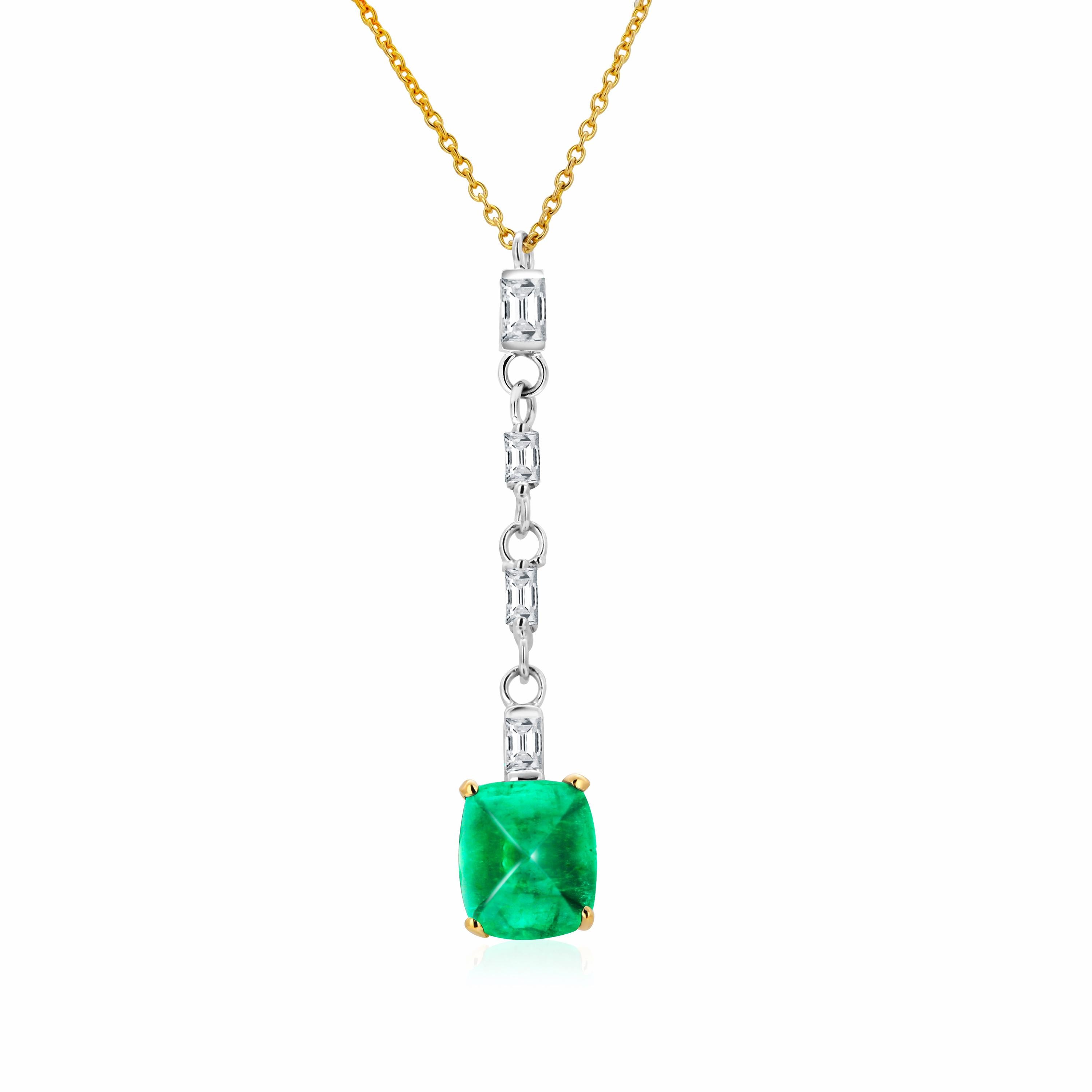Contemporary Sugar Loaf Emerald Baguette Diamond 2.45 Carat Lariat Gold Drop Necklace Pendant For Sale