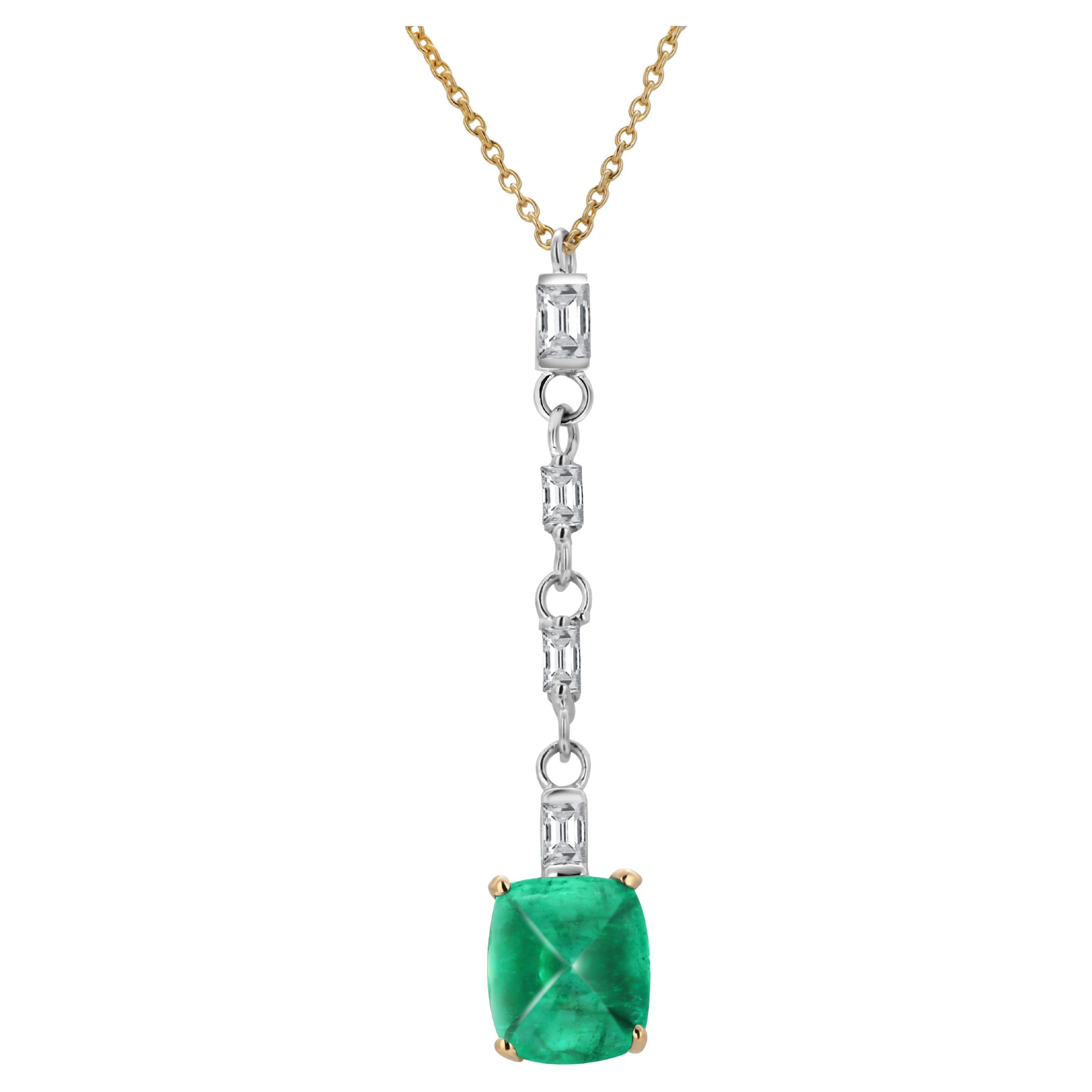 Sugar Loaf Emerald and Baguette Diamond Lariat Gold Drop Necklace Pendant