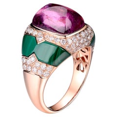 Sugar Loaf Pink Tourmaline Malachite Diamond Ring in 18 Karat Rose Gold