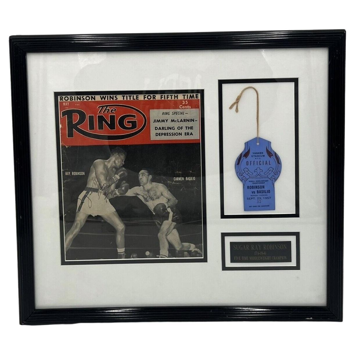 Sugar Ray Robinson Autographed Display and 1957 Yankee Stadium Tag For Sale