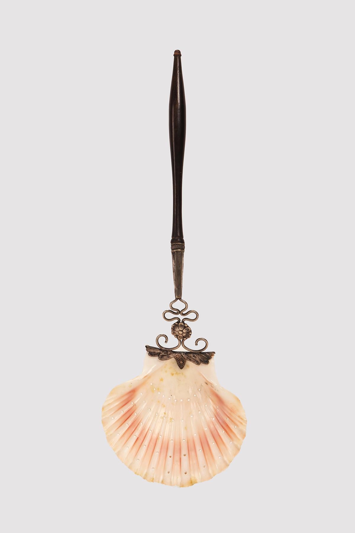 Sugar sprinkler made from a perforated St. James shell, attached to the waxed rosewood handle, with a silver floral pattern graft.
Italy, circa 1870.
 