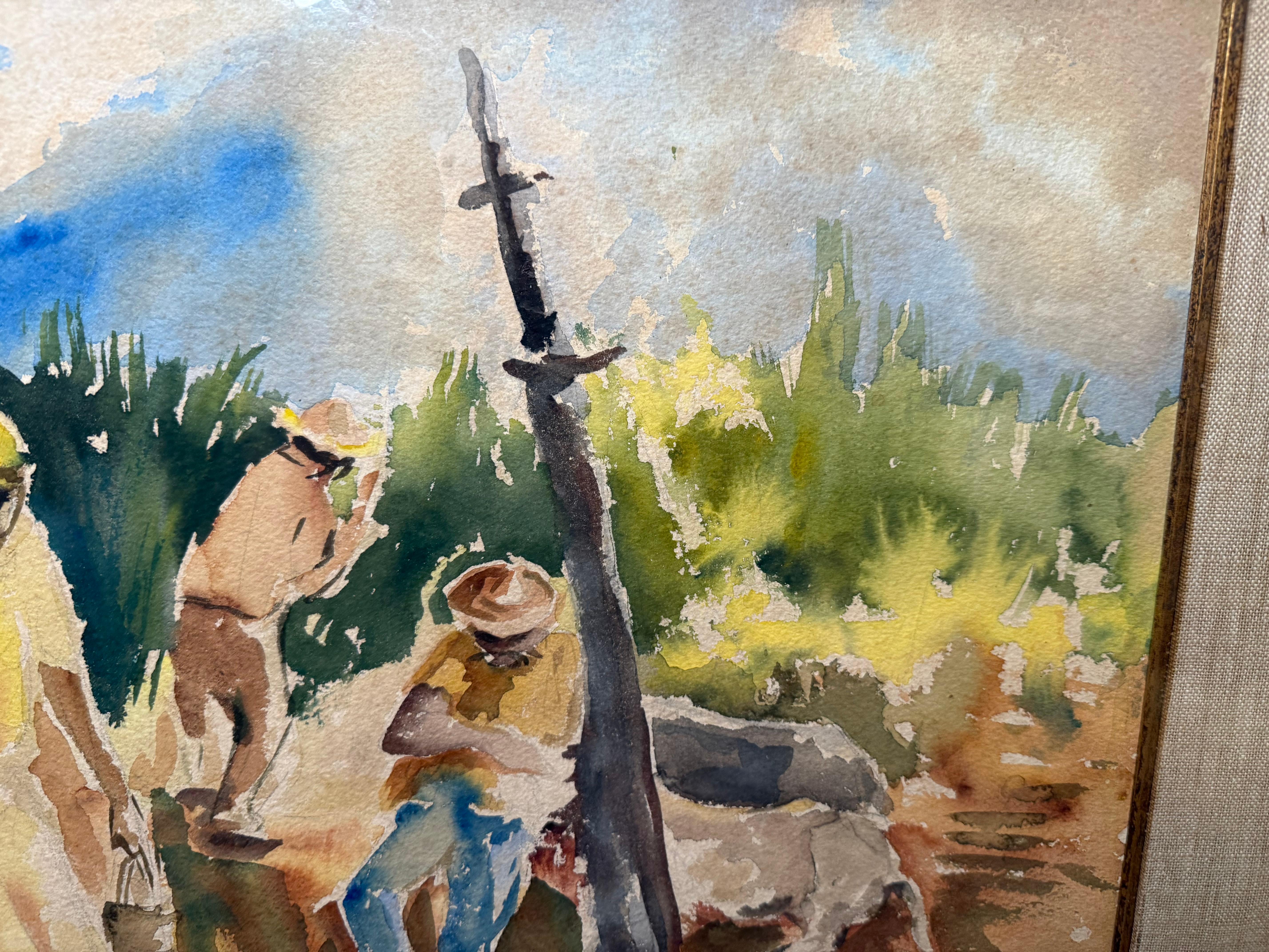Sugarcane Harvesters From Puerto Rico Watercolor Painting by Irizarry For Sale 4