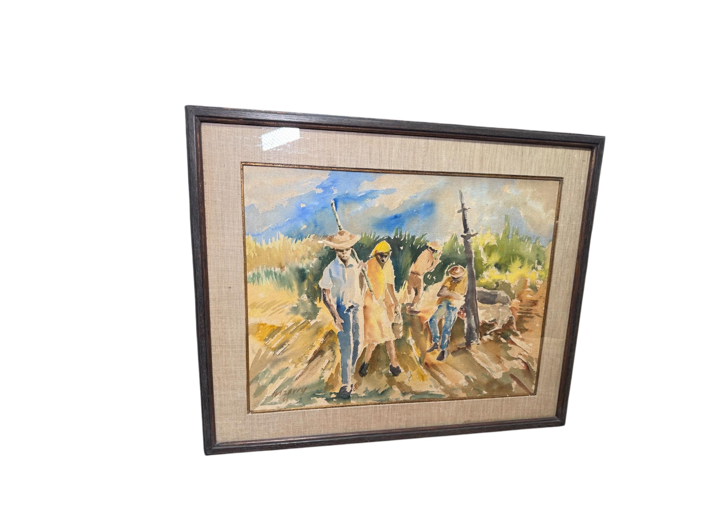 Sugarcane Harvesters From Puerto Rico Watercolor Painting by Irizarry For Sale 9
