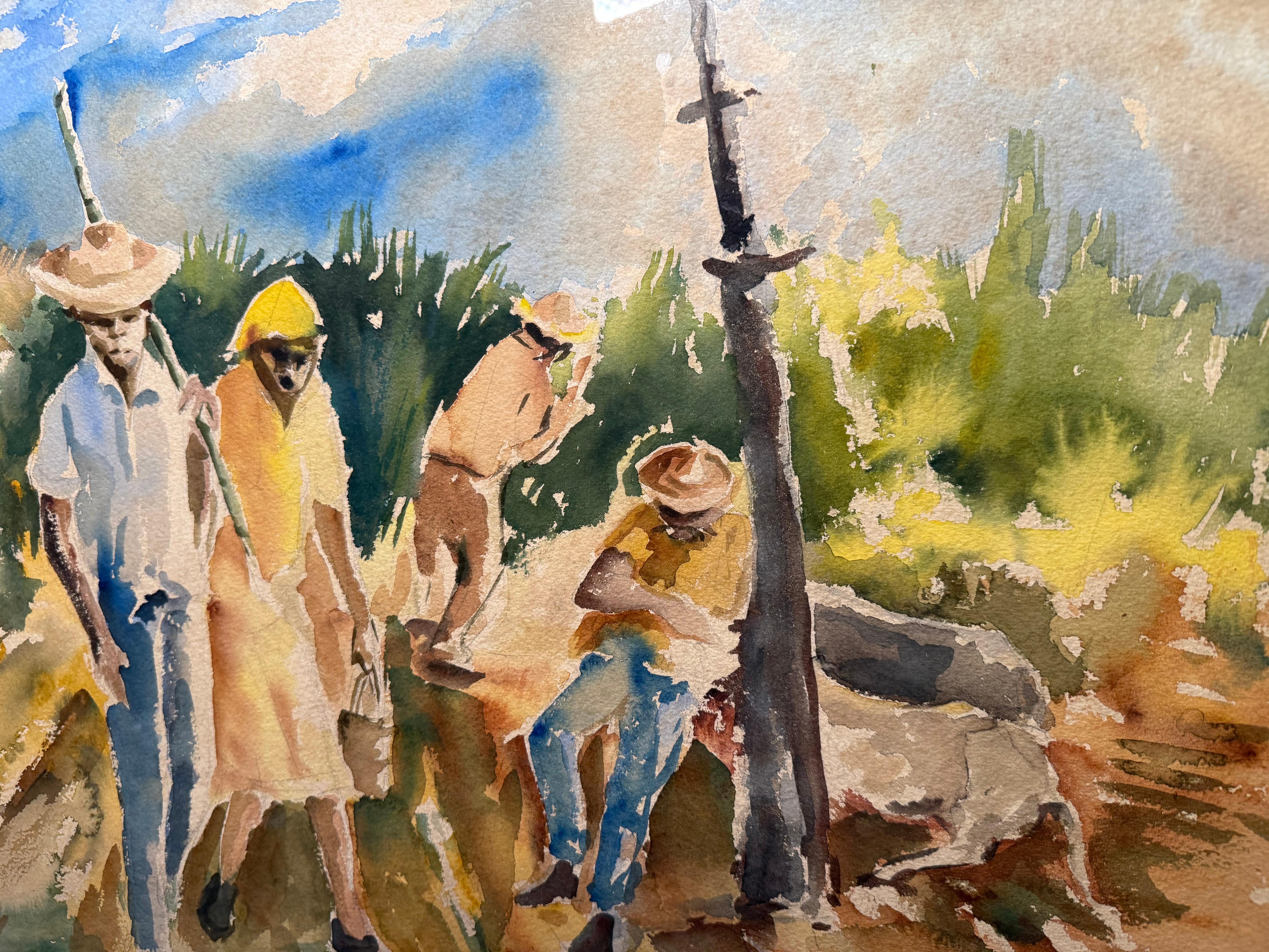 This is a Sugarcane Harvesters Scene Painting in Puerto Rico by Irizarry. It depicts a watercolor painting of three sugarcane workers in a canaveral or cane landscape. One is walking away holding a cane stick and beside a peasant lady; the second