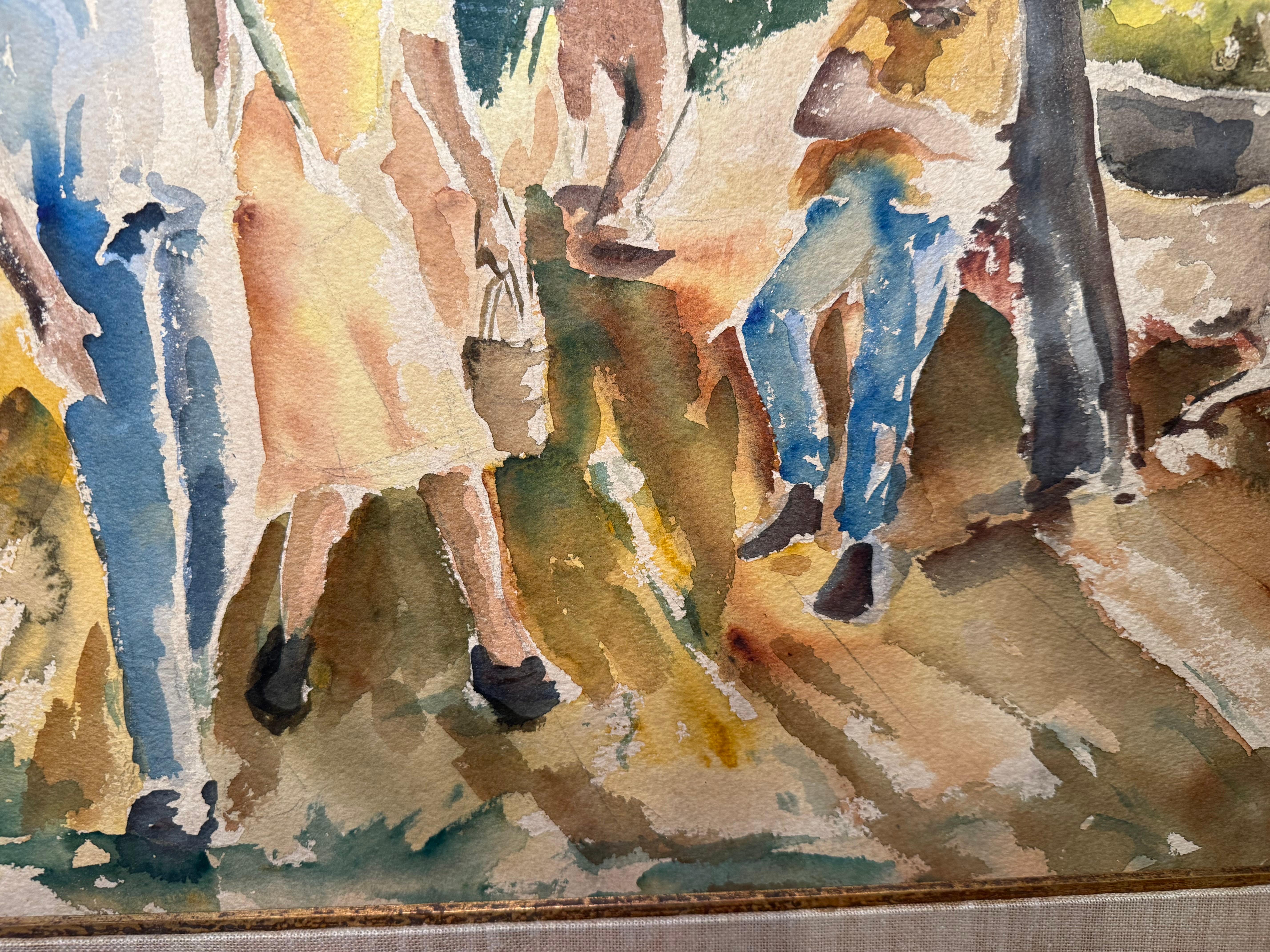 Canvas Sugarcane Harvesters From Puerto Rico Watercolor Painting by Irizarry For Sale