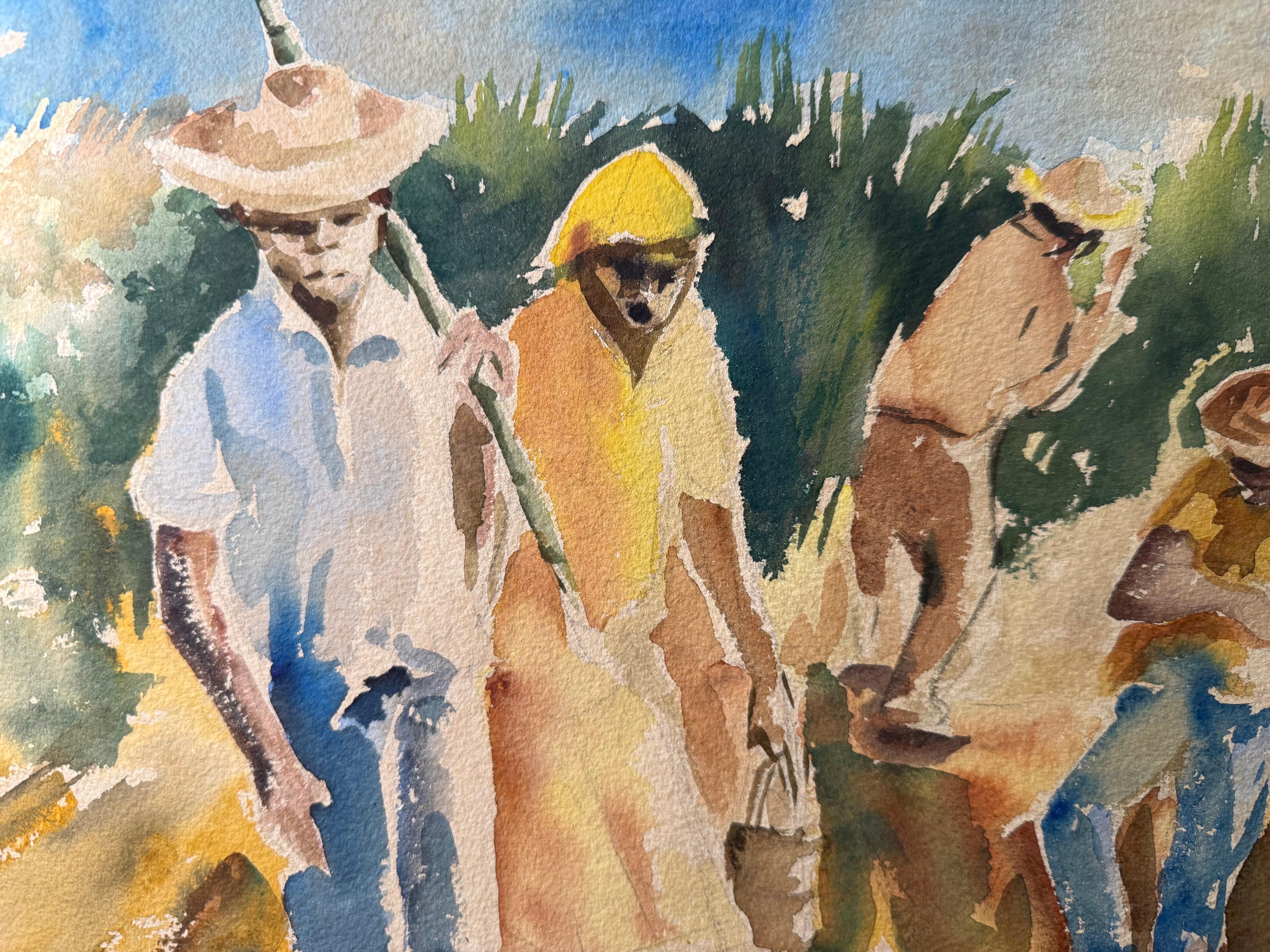 Sugarcane Harvesters From Puerto Rico Watercolor Painting by Irizarry For Sale 1