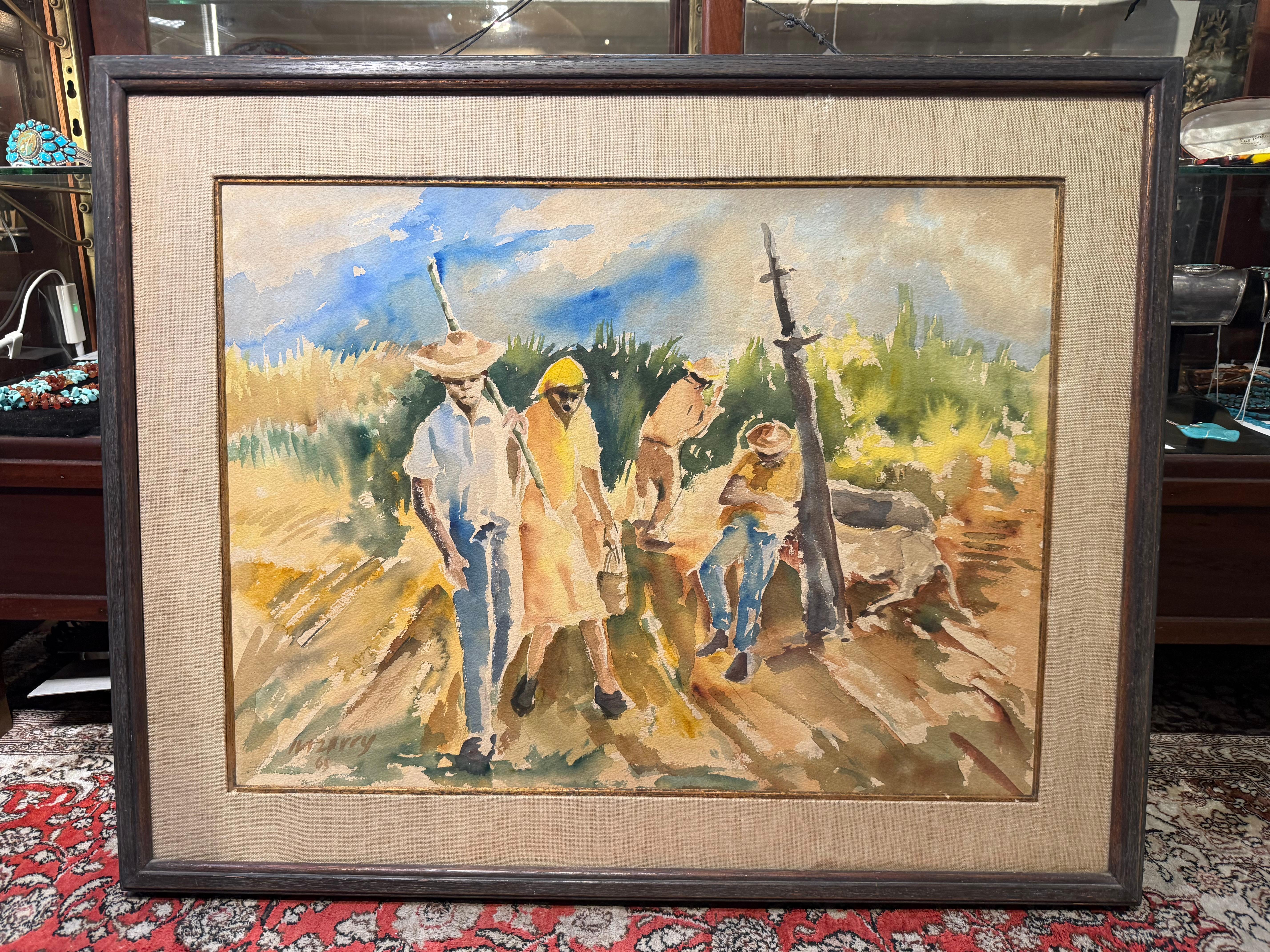 Sugarcane Harvesters From Puerto Rico Watercolor Painting by Irizarry For Sale 3