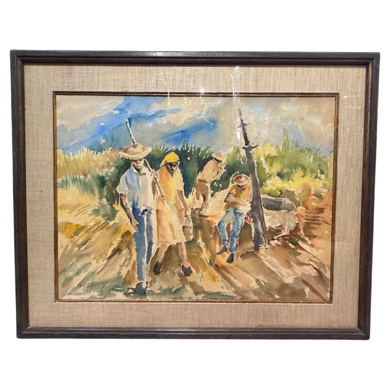 Sugarcane Harvesters From Puerto Rico Watercolor Painting by Irizarry For Sale