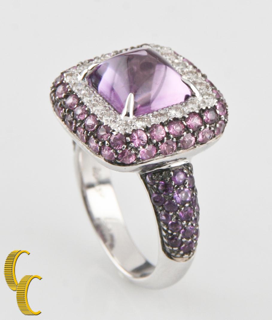 Sugarloaf Cabochon Sugarloaf Amethyst, Diamond, Sapphire 18 Karat White Gold Ring