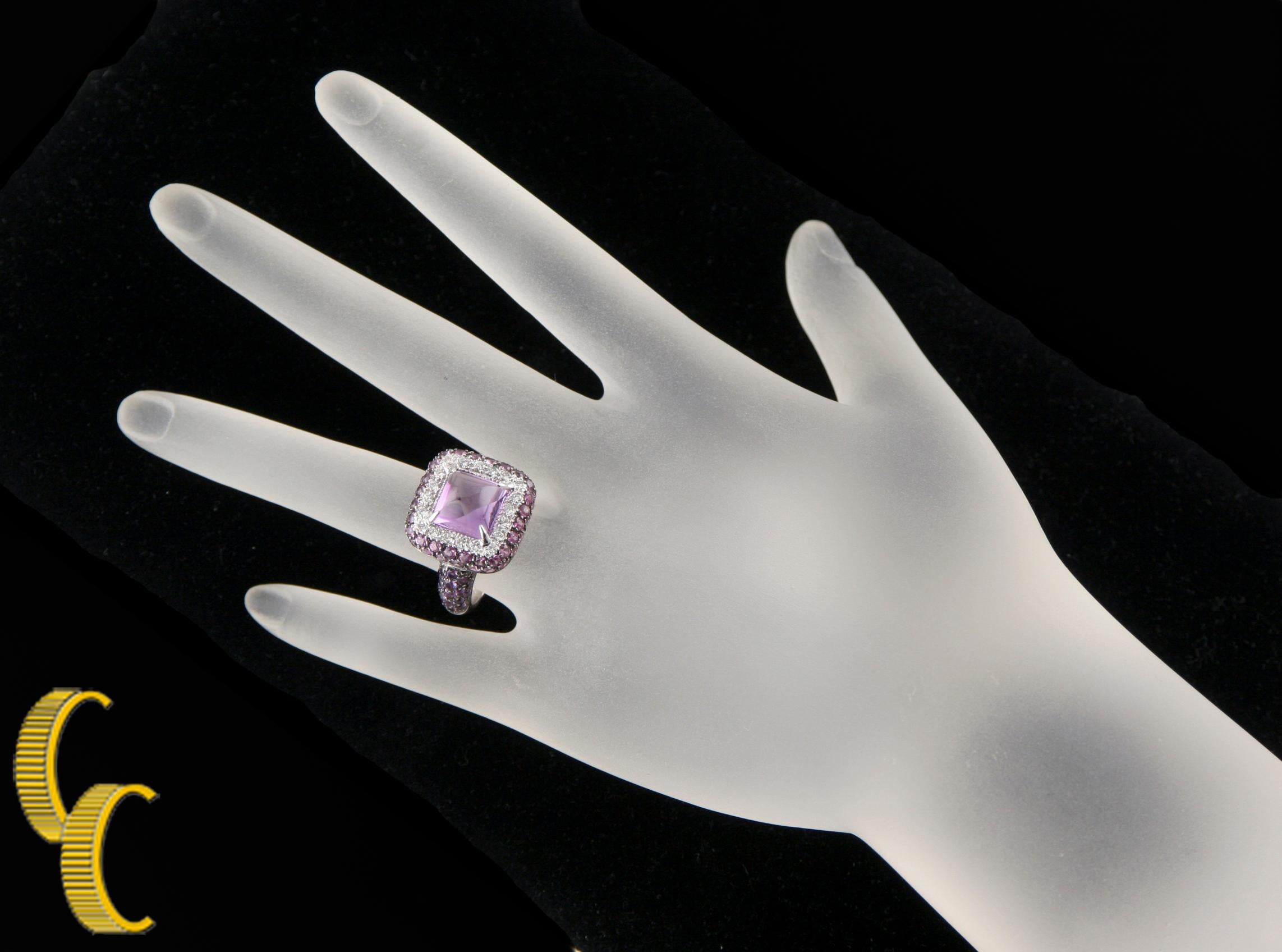 Sugarloaf Amethyst, Diamond, Sapphire 18 Karat White Gold Ring In Excellent Condition In Sherman Oaks, CA
