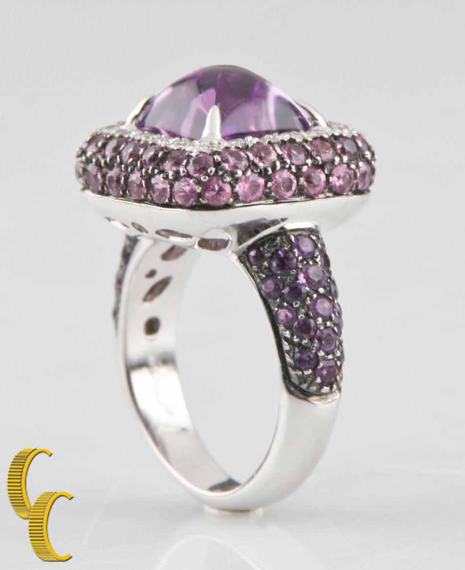 Women's Sugarloaf Amethyst, Diamond, Sapphire 18 Karat White Gold Ring
