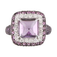 Sugarloaf Amethyst, Diamond, Sapphire 18 Karat White Gold Ring