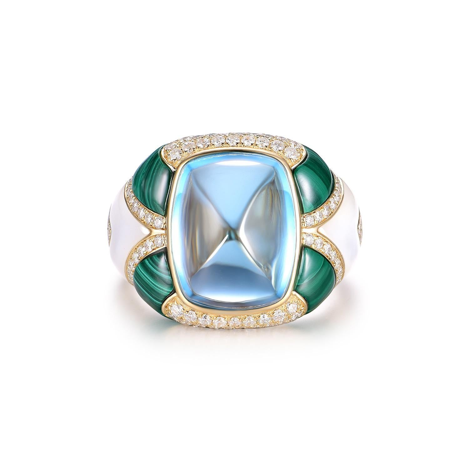 This ring, a size US 6.5 with available resizing options, is a striking creation in 14-karat yellow gold. It features a sizable 11.05-carat blue topaz as its centerpiece. The topaz, with its tranquil blue hue, is cut to a smooth dome, reflecting