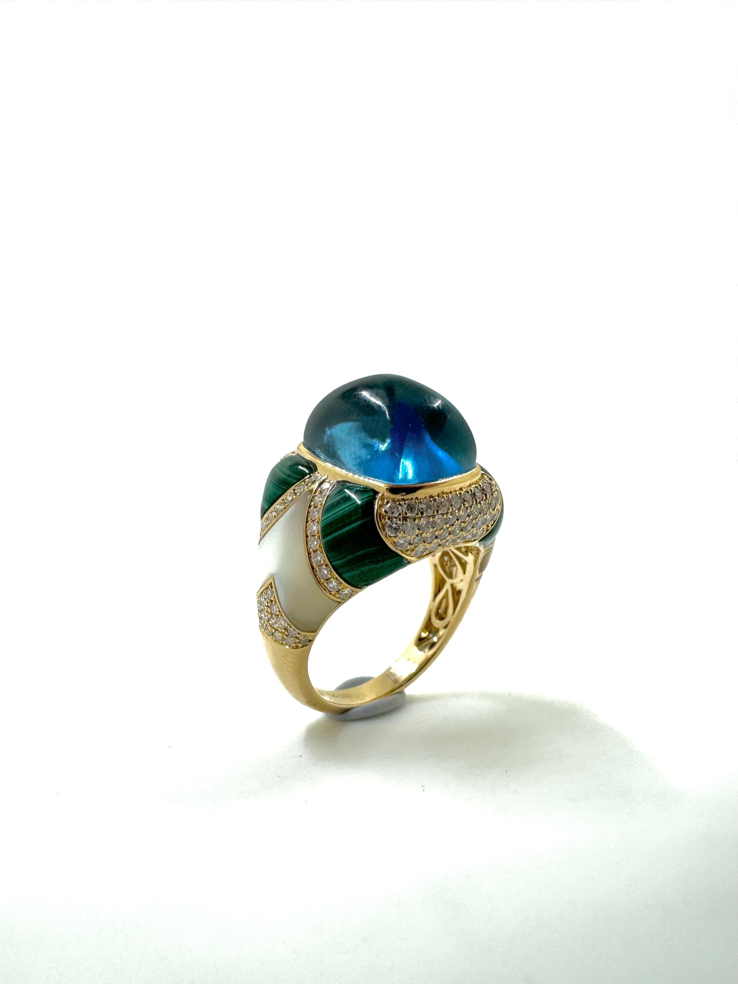 Art Deco Sugarloaf Blue Topaz Malachite Diamond Cocktail Ring in 18 Karat Yellow Gold For Sale