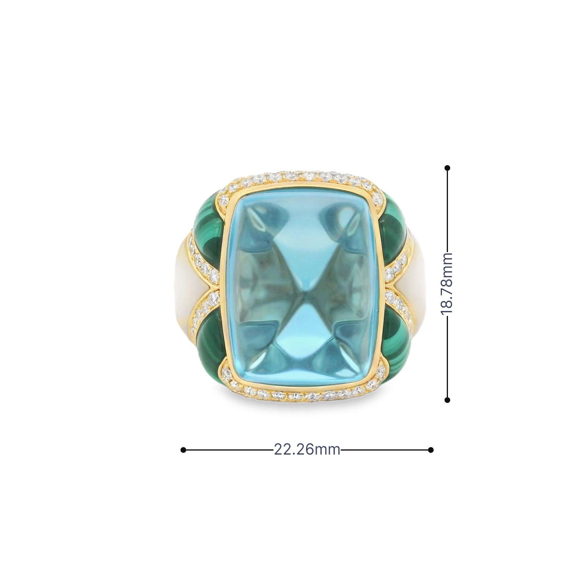 Art Deco Sugarloaf Blue Topaz Malachite Diamond Cocktail Ring in 18 Karat Yellow Gold