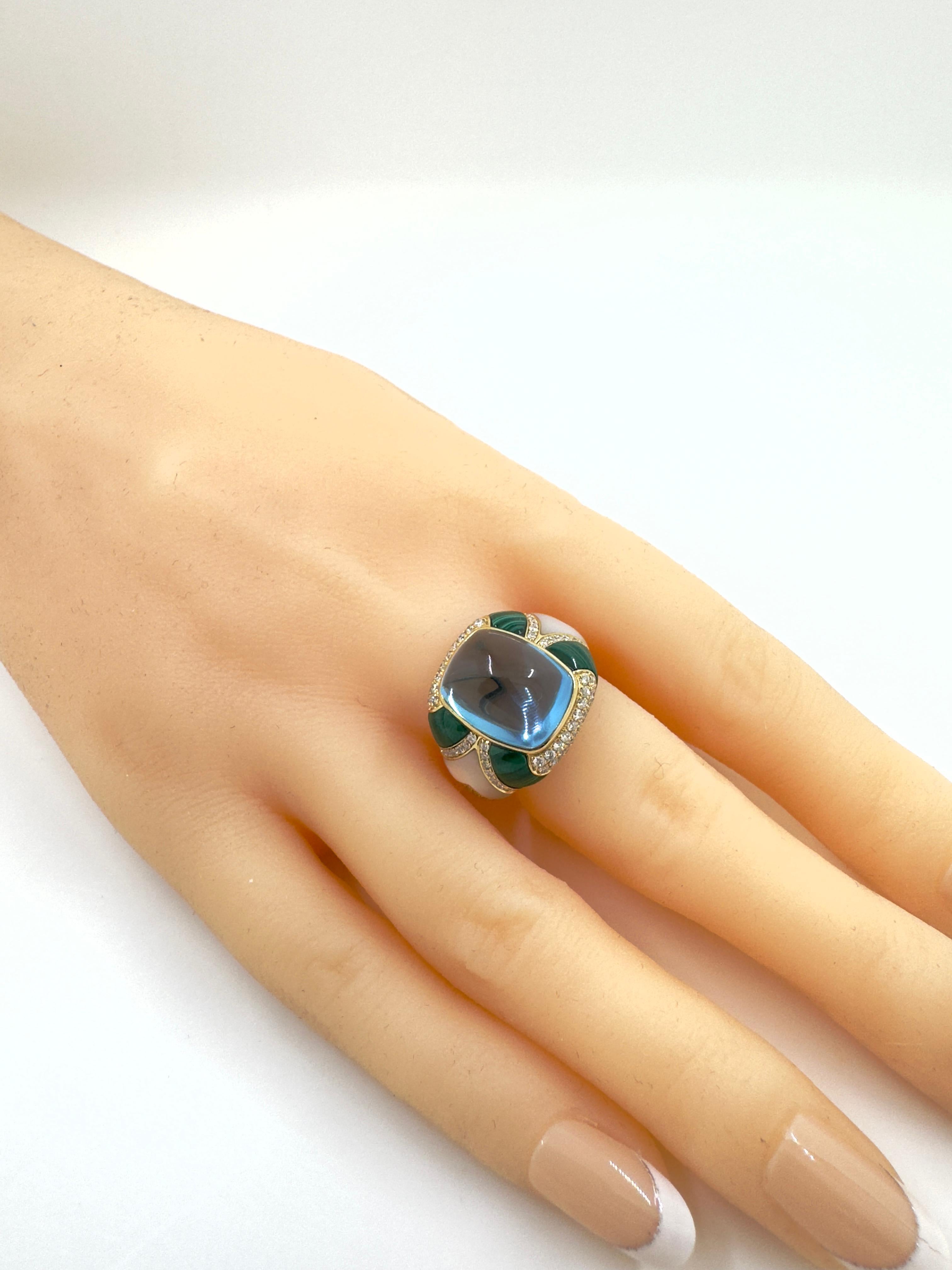 Sugarloaf Blue Topaz Malachite Diamond Cocktail Ring in 18 Karat Yellow Gold In New Condition In Hong Kong, HK