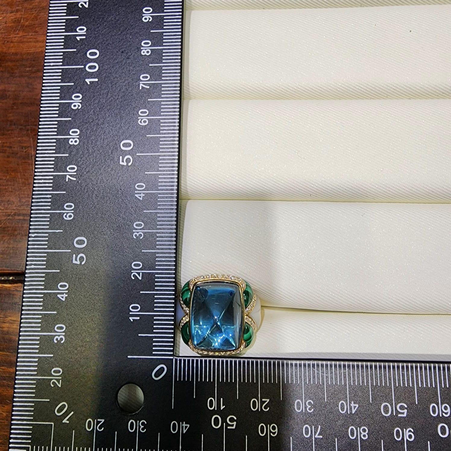 Sugarloaf Cabochon Sugarloaf Blue Topaz Malachite Diamond Cocktail Ring in 18 Karat Yellow Gold