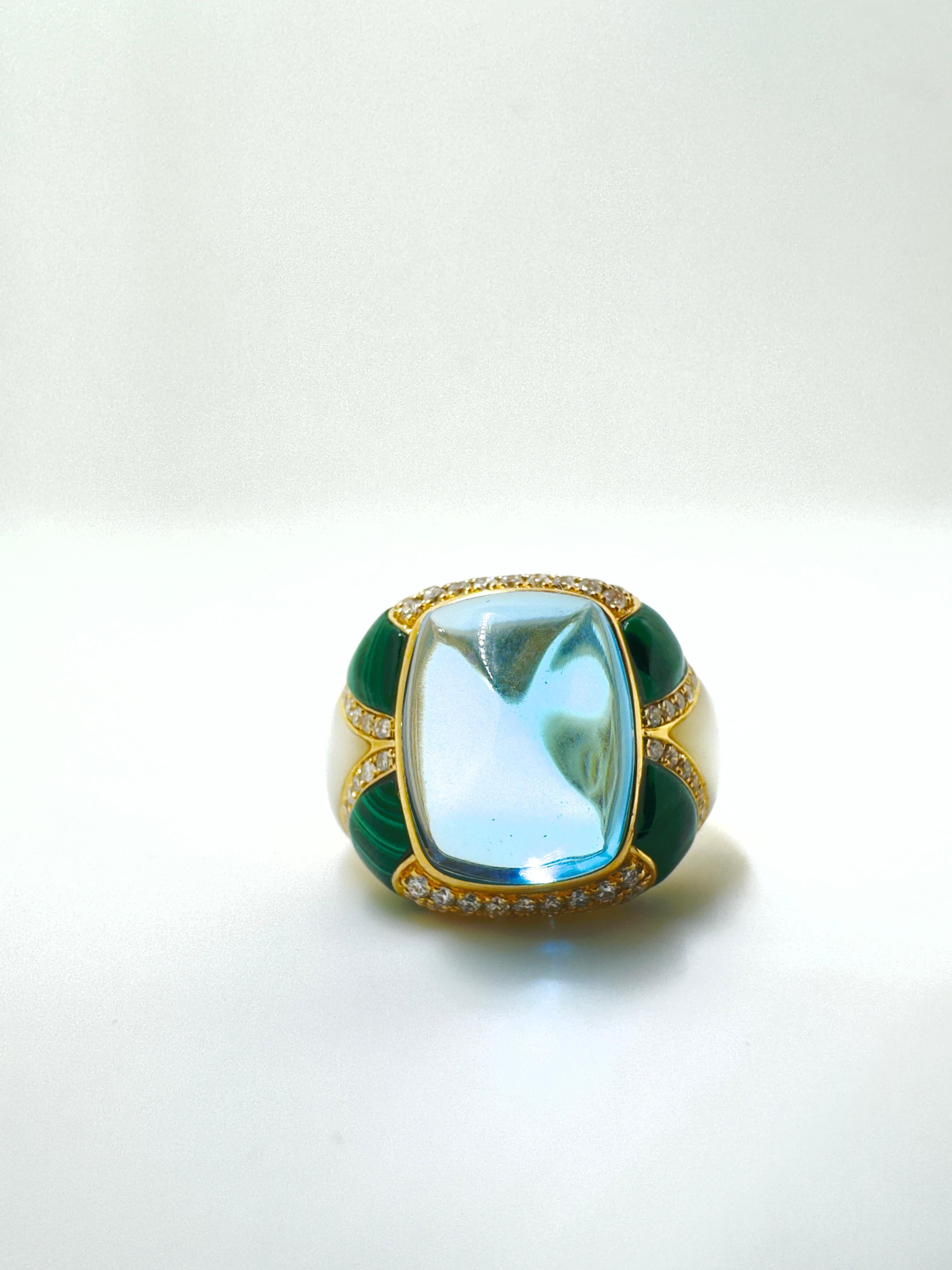 Sugarloaf Blue Topaz Malachite Diamond Cocktail Ring in 18 Karat Yellow Gold In New Condition For Sale In Hong Kong, HK