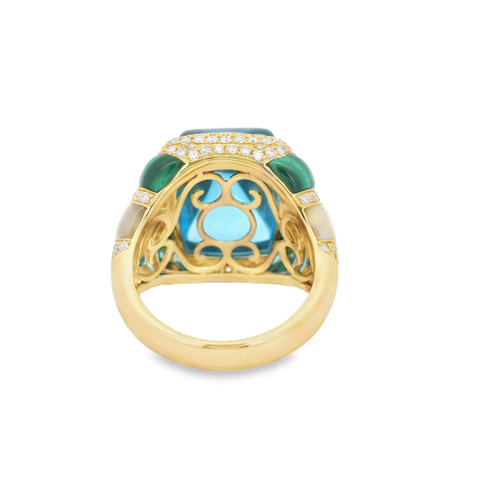 Women's Sugarloaf Blue Topaz Malachite Diamond Cocktail Ring in 18 Karat Yellow Gold