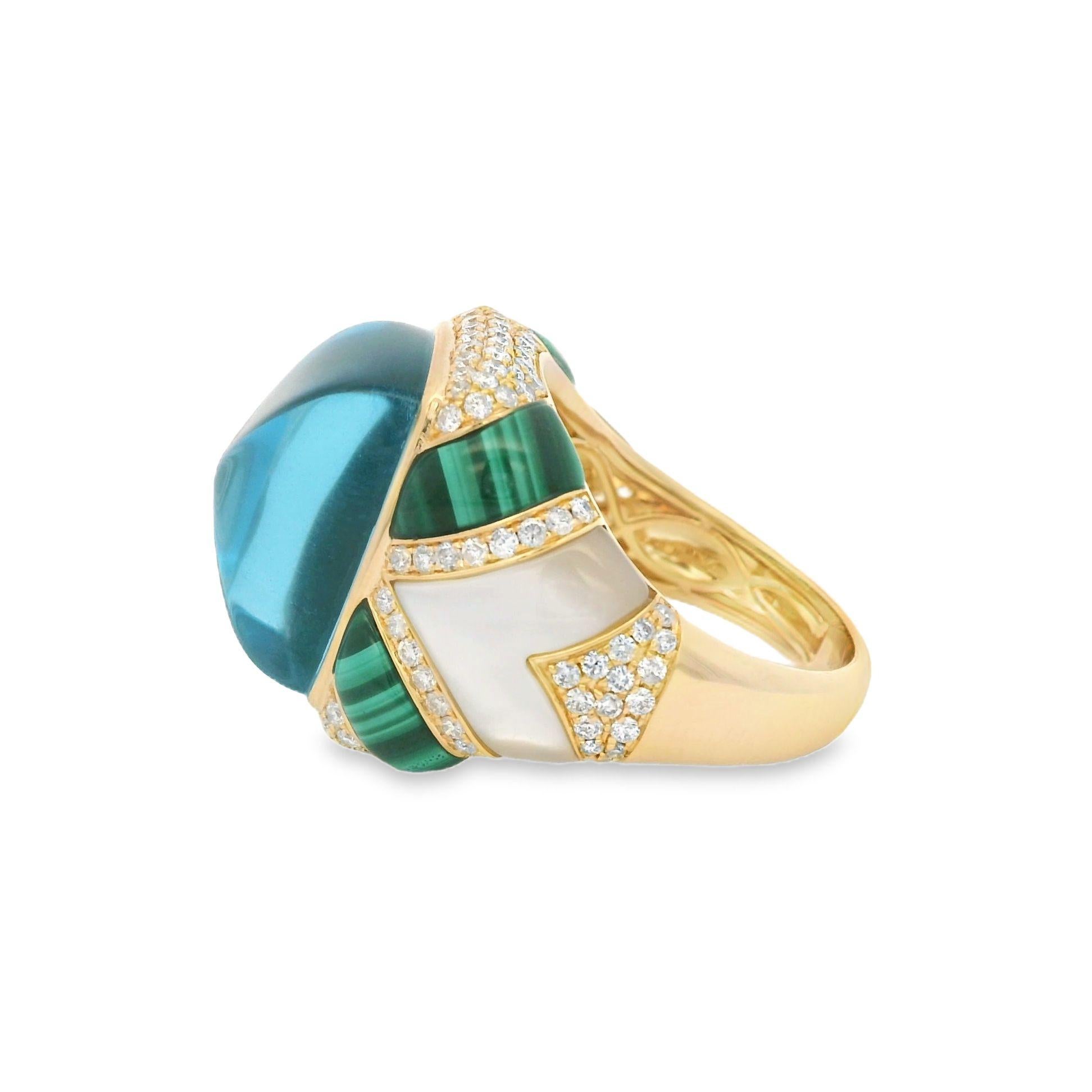 Sugarloaf Blue Topaz Malachite Diamond Cocktail Ring in 18 Karat Yellow Gold 1